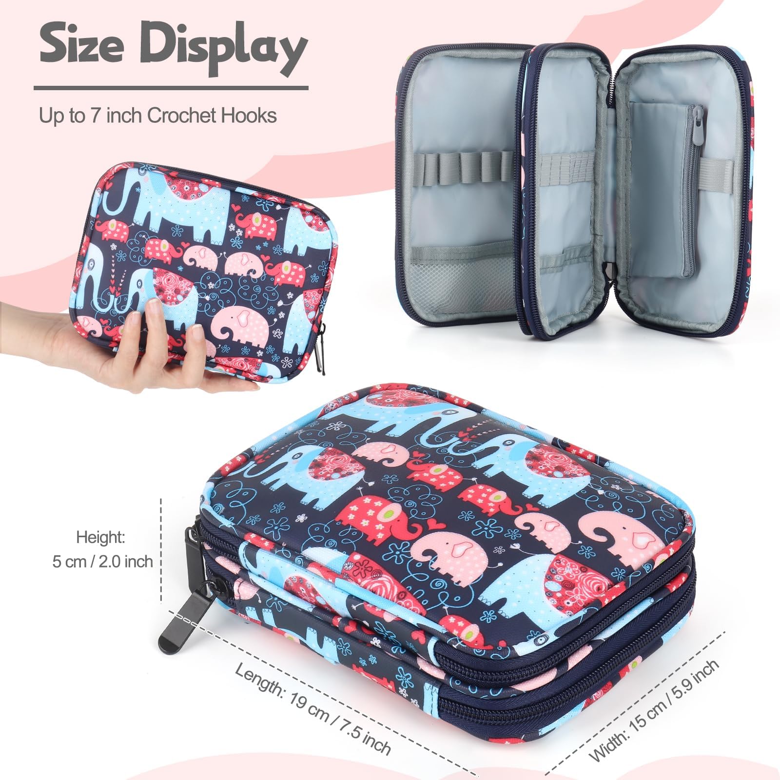 Portable Travel Crochet Storage Bag Organizer with Zipper, Web Pocket & Crochet Holder Slots - Elephant Pattern Knitting Accessories Case for Yarn, Hooks & Needles | Perfect for Crafters, On-the-Go Knitting & DIY Projects