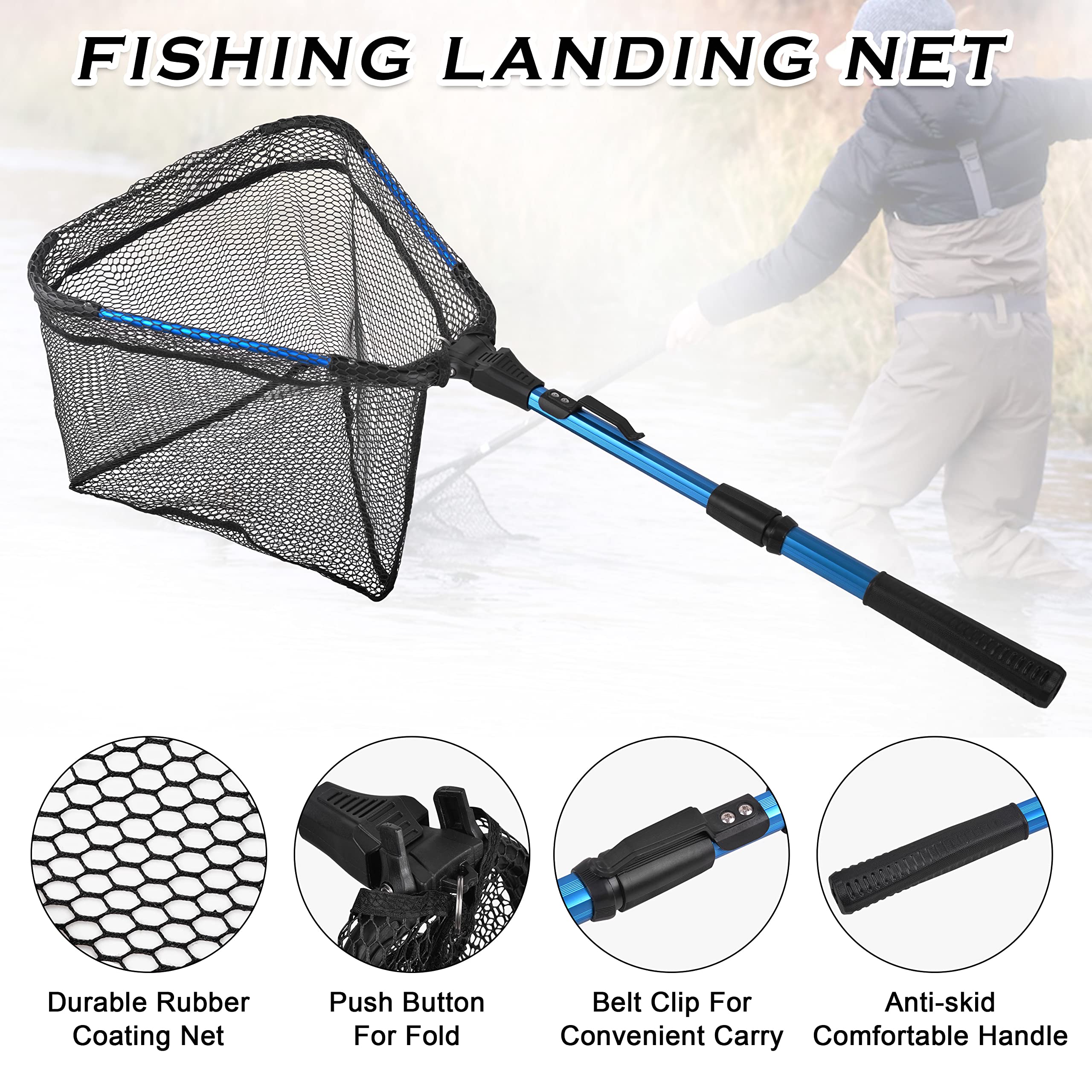 **Collapsible Fishing Landing Net with Telescopic Handle - Floating Rubber Mesh for Kayak, Boat, Saltwater & Freshwater - Safe Fish Catch & Release for Anglers & Outdoor Enthusiasts**    *(Perfect for Kayak Fishing, Boat Trips, Catch-and-Release Practices & Outdoor Adventures)*