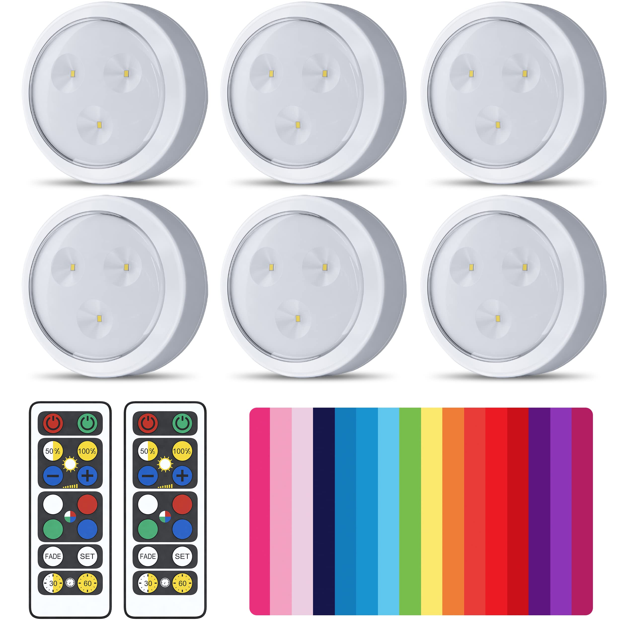 Brilliant Evolution Wireless Color Changing 6 Pack RGB LED Lights with 2 Remotes - Battery Powered Under Cabinet Lighting, Closet Lights & Bedroom LED Stick-On Lights for Home Decor, Parties & Mood Lighting
