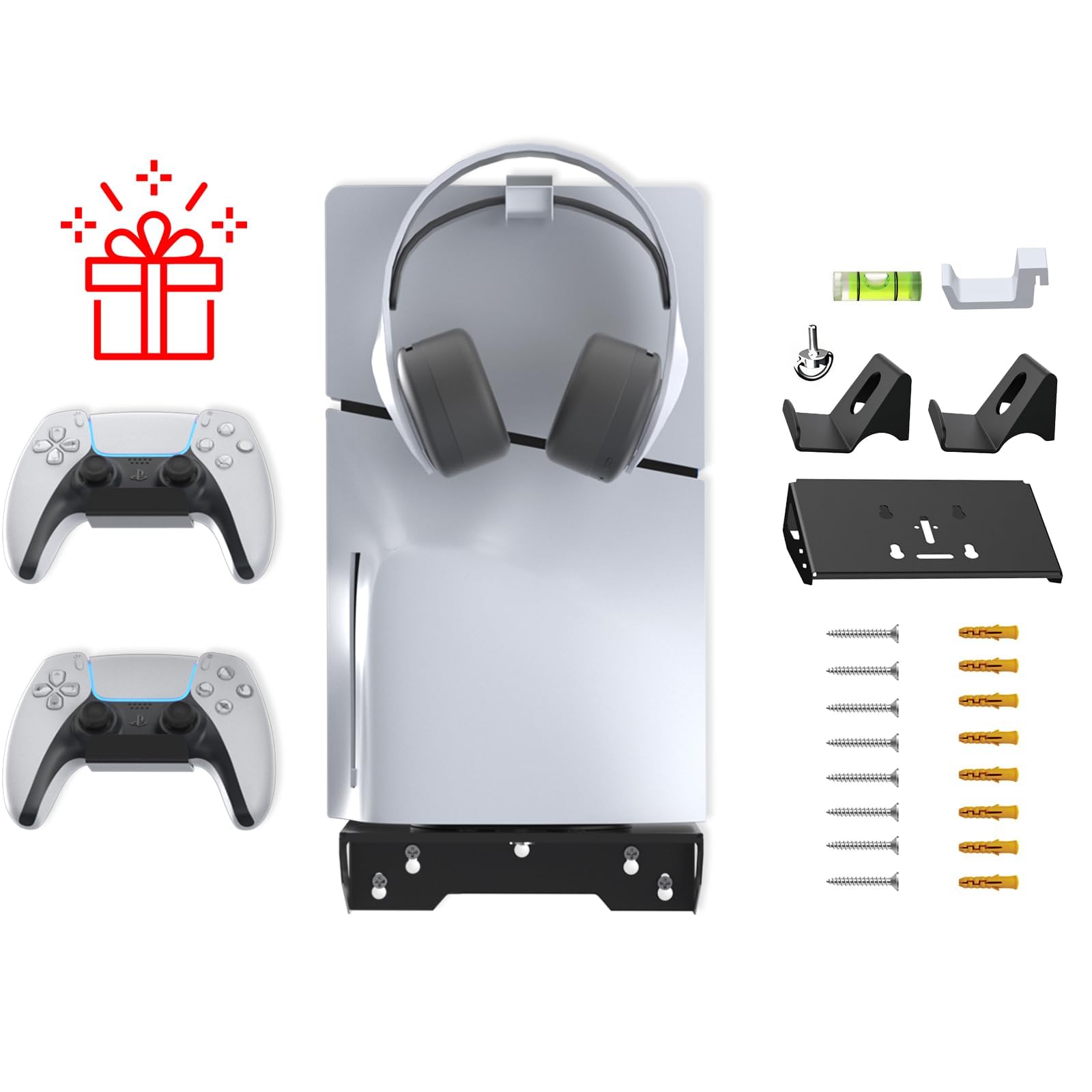 NANANINO PS5 Slim Wall Mount Kit - Black Wall Mount for PS5 with Controller Holder & Headphone Hook | Secure Storage Stand for PlayStation 5 Slim | Perfect for Gaming Room Setup & Space Saving Organization