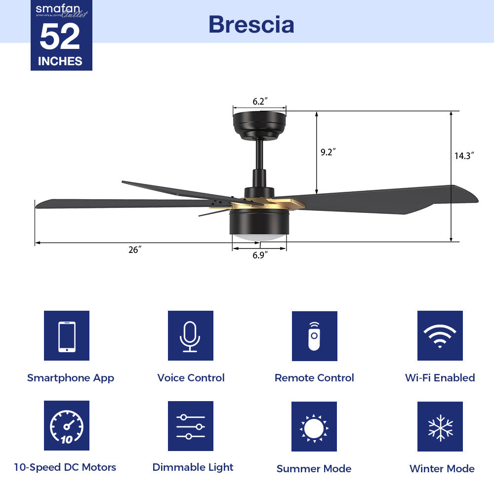 Brescia 52 Inch Smart Ceiling Fan with LED Light and Remote Control - Indoor/Outoor Use for Living Room, Bedroom, Patio, and Deck