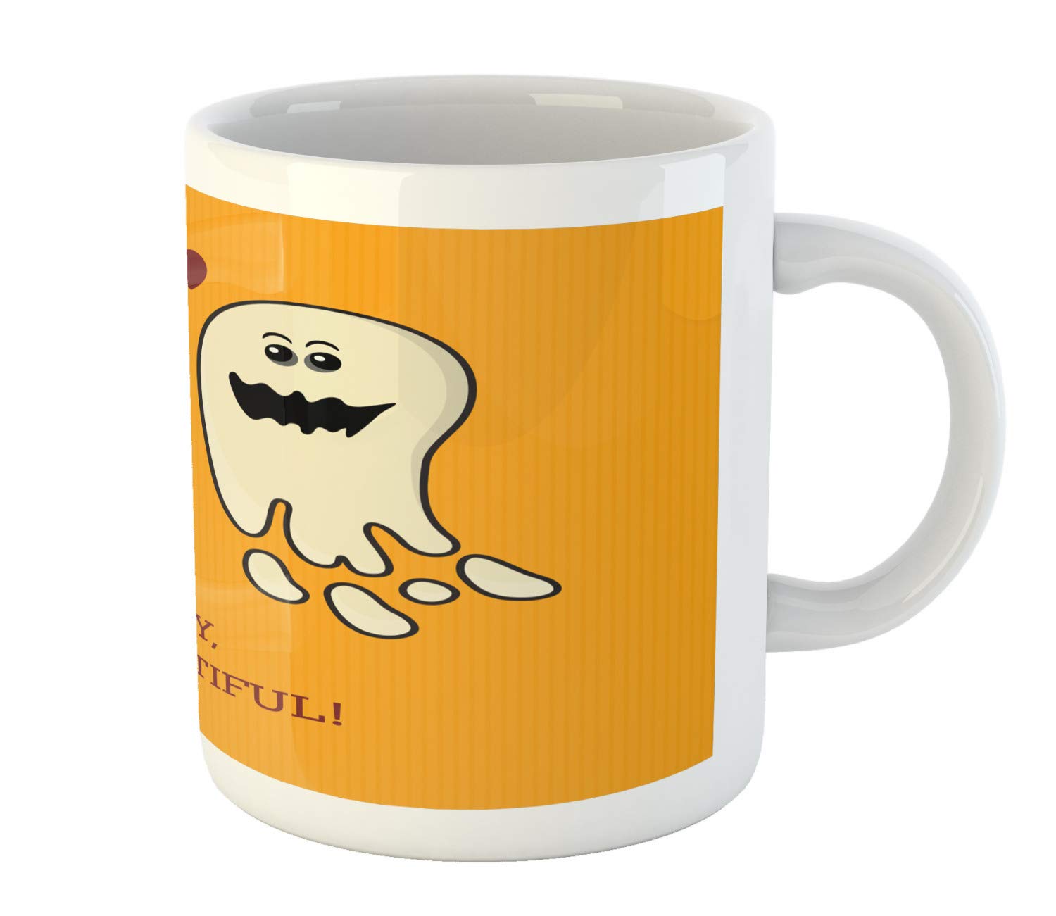 Ambesonne Halloween Coffee Mug - 11 oz Ceramic Cup with 'Hey Boo-tiful' Text & Cute Ghost Couple Design for Tea, Coffee, Hot Chocolate - Perfect Gift for Halloween Lovers & Couples (Orange Eggshell Maroon)
