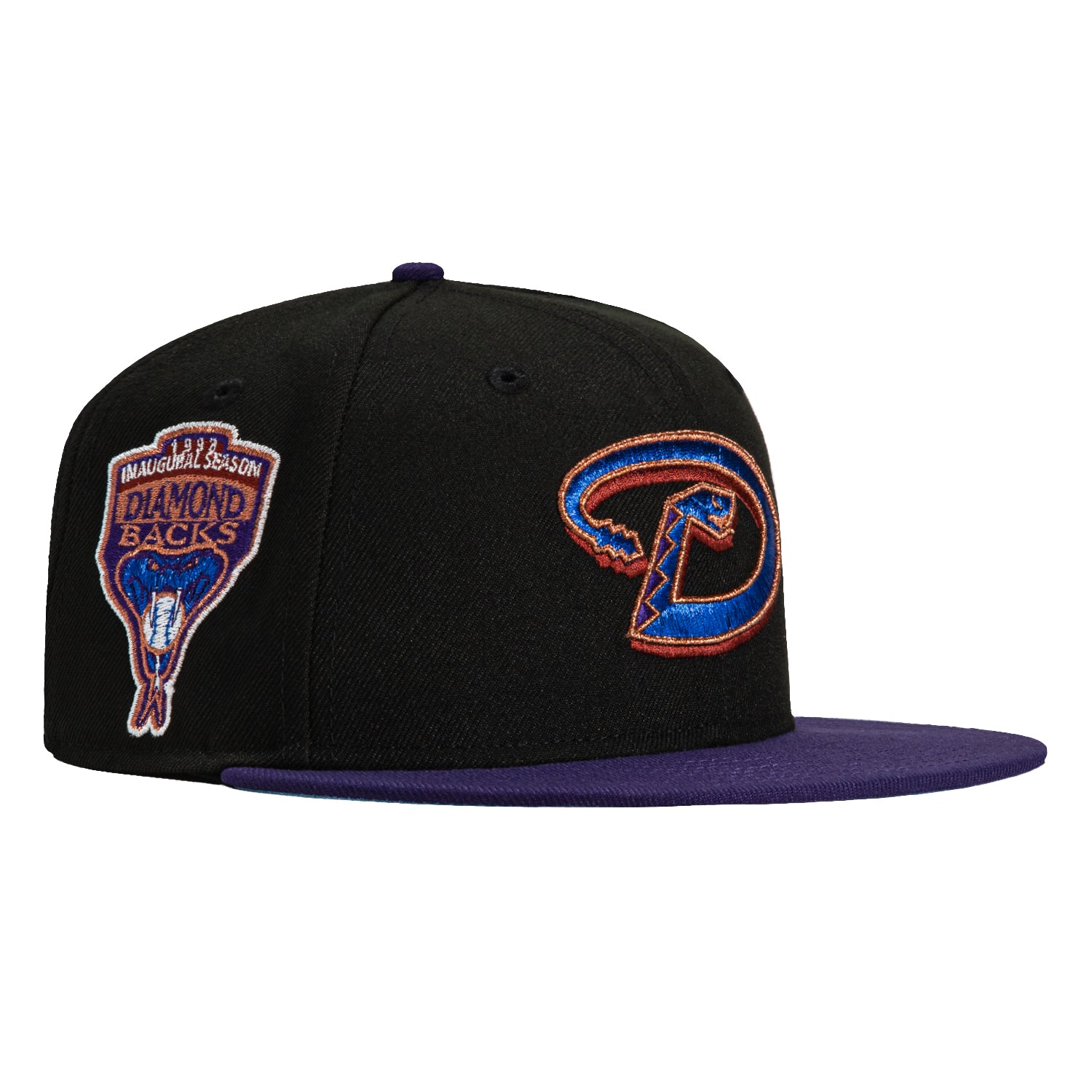 New Era 59Fifty MLB Arizona Diamondbacks Snapback Hat with Inaugural Patch - Black, Purple, Royal & Metallic Copper Colors | Official Licensed Baseball Cap for Fans, Games & Outdoor Activities
