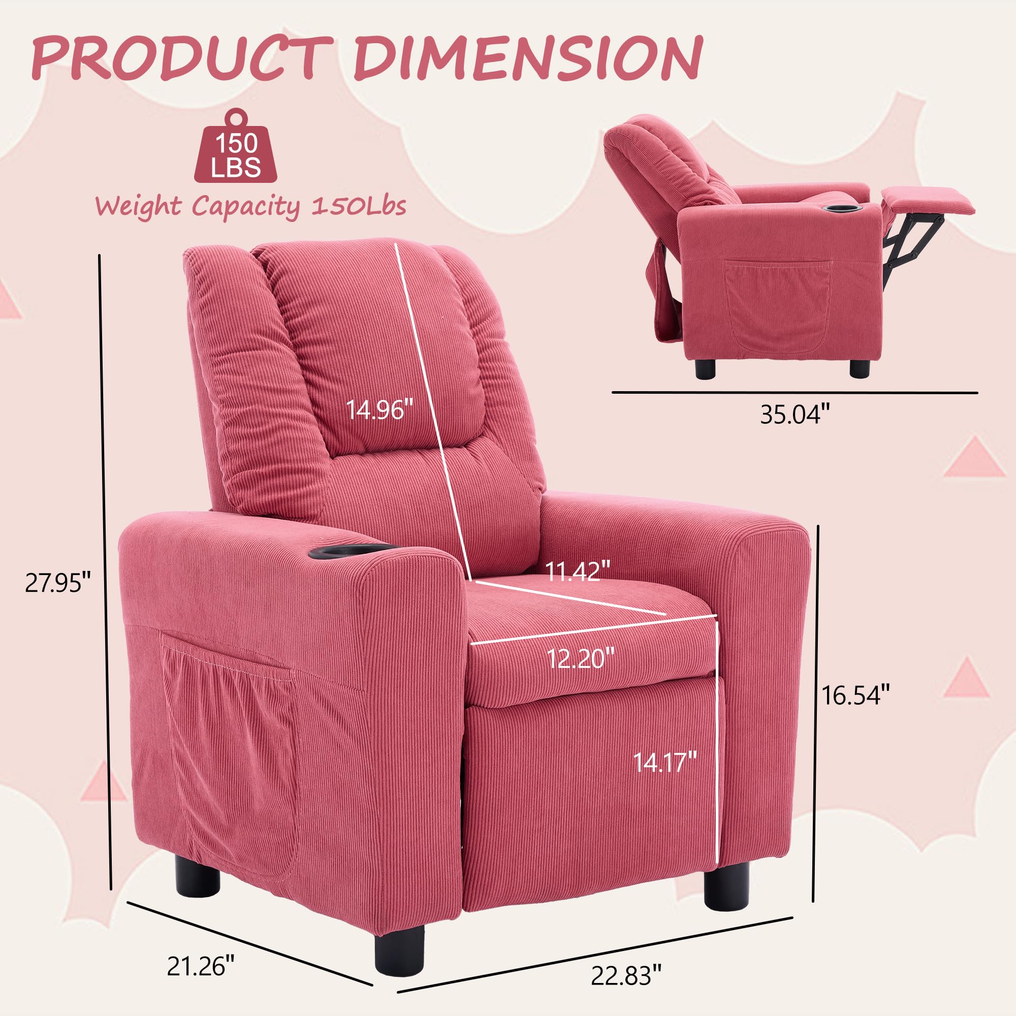 **Kids Recliner Chair for Toddlers Age 1-4 - Soft Corduroy Toddler Sofa with Cup Holder & Side Pockets - Pink Boys Girls Reclining Chair for Bedroom, Living Room, Playroom & Nursery**