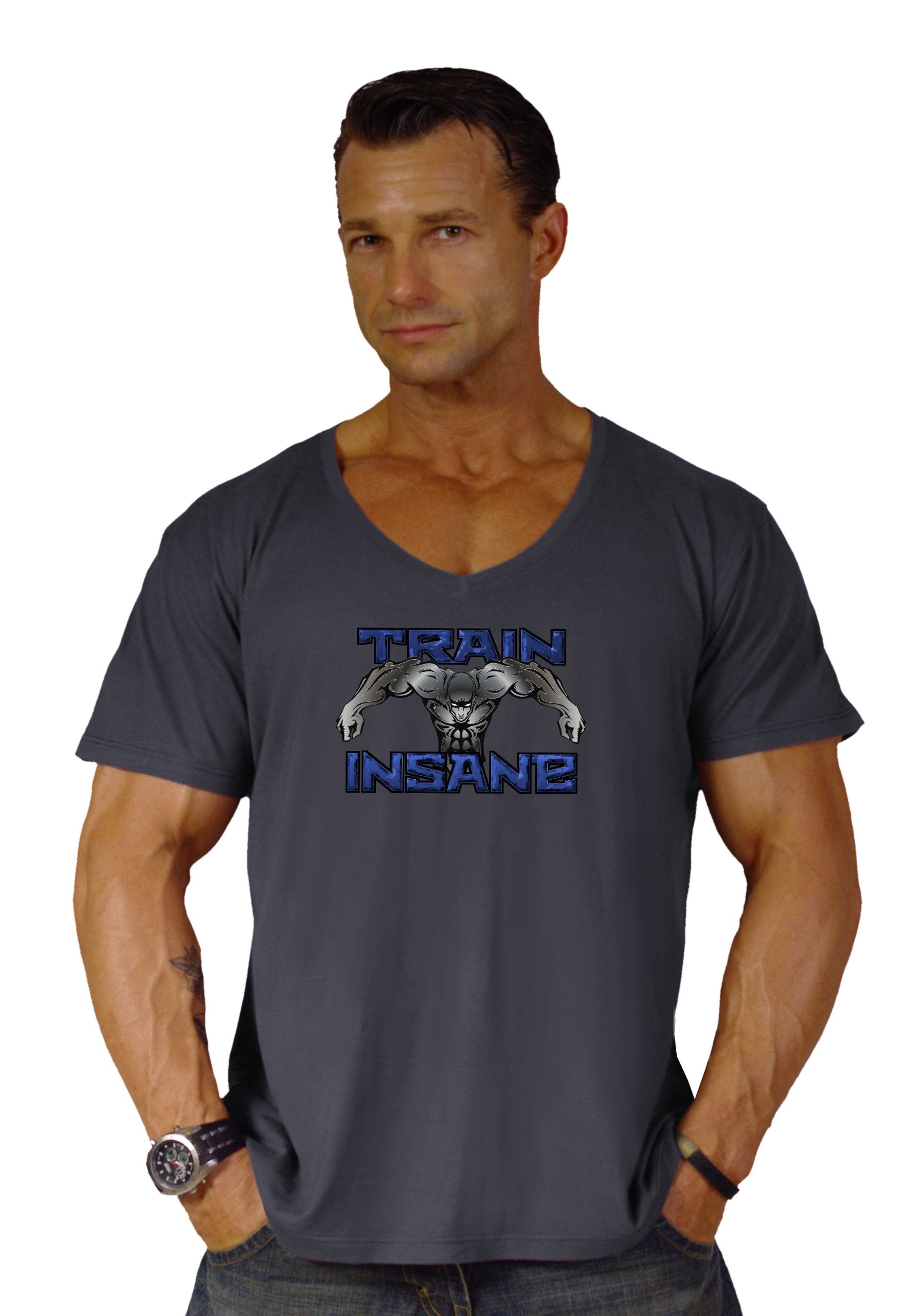 Crazee Wear Charcoal V-Neck T-Shirt for Men - Soft Cotton Workout & Gym Training Shirt - Perfect for Running, Fitness & Casual Wear