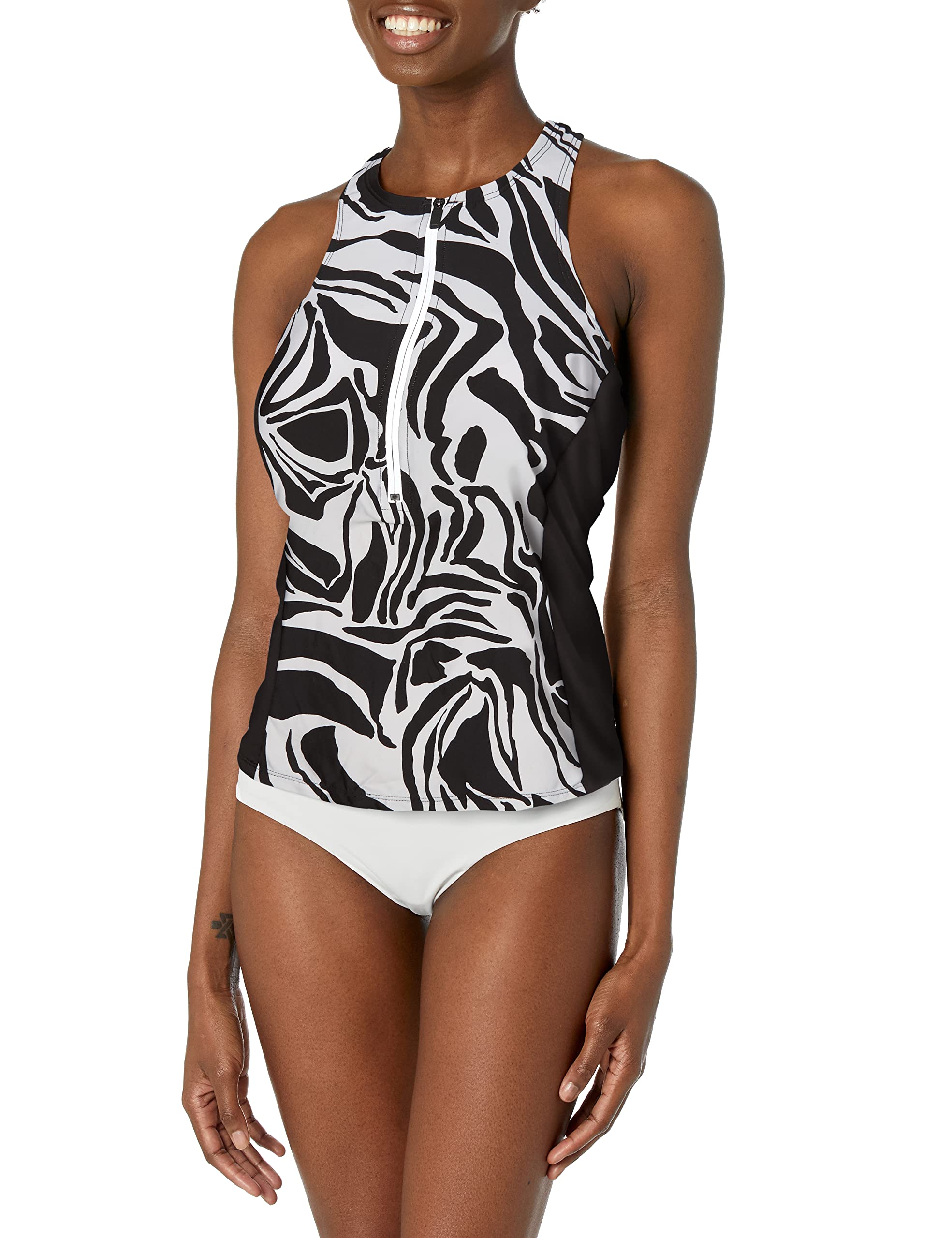 24th & Ocean Women's Standard Swim Tank Tankini Top - Black & White Abstract Zebra Print - Perfect for Beach, Pool & Summer Vacations