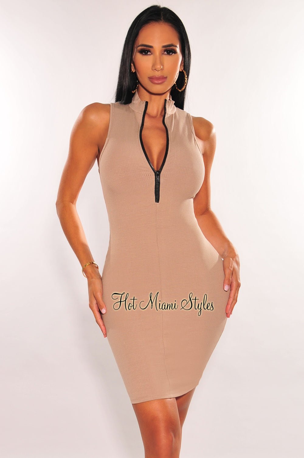 Taupe Ribbed Zipper Sleeveless Bodycon Dress for Women - Sexy Slim Fit Party Club Dress for Night Out, Date Night, Cocktail Party