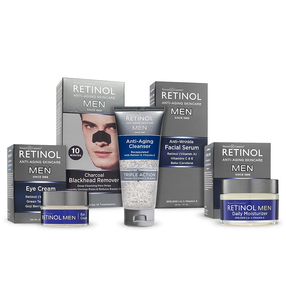 Retinol Skincare Gift Set for Men - Daily Moisturizer, Eye Cream, Facial Serum, Gel Cleanser & Blackhead Remover | Anti-Aging & Acne Treatment | Perfect for Father's Day, Birthday & Self-Care Routine