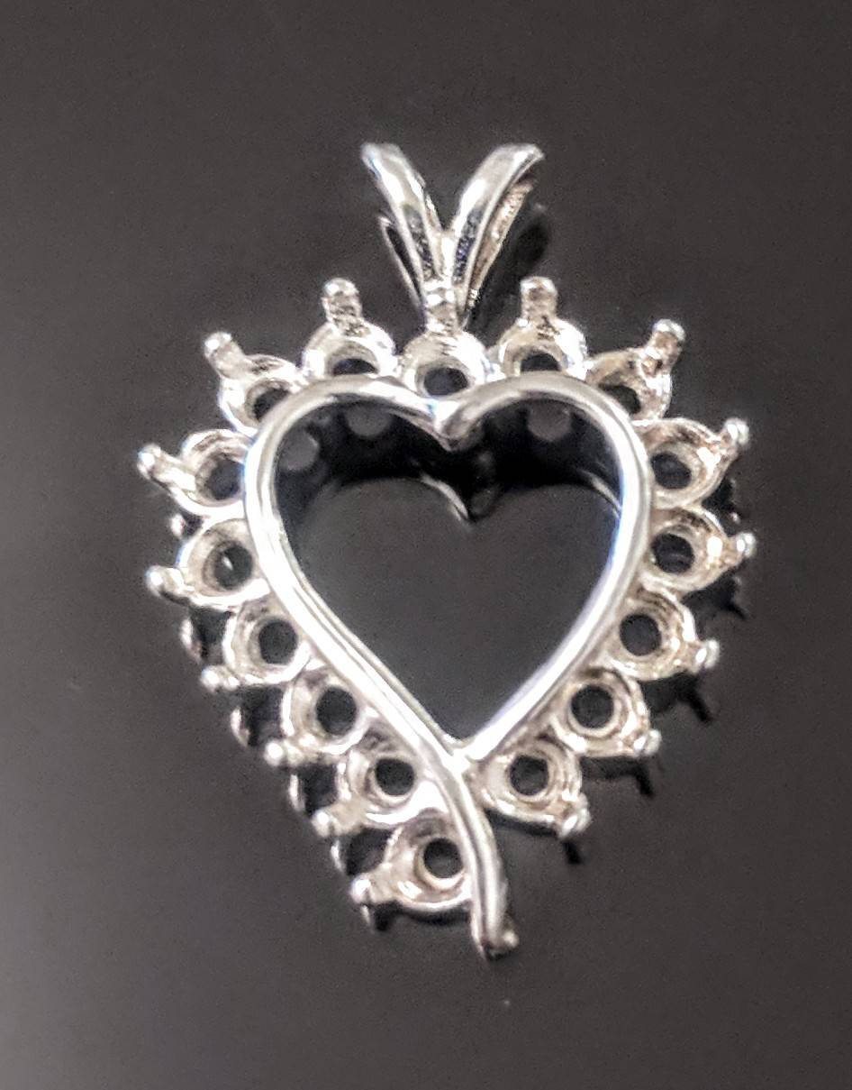 Solid Sterling Silver or 14k Gold 16 Stone Fancy Heart Pendant Setting - 2.25mm Round Gemstone Jewelry - Handcrafted in USA (161244/141244) - Perfect for Valentine's Day Gifts & Anniversary Presents
