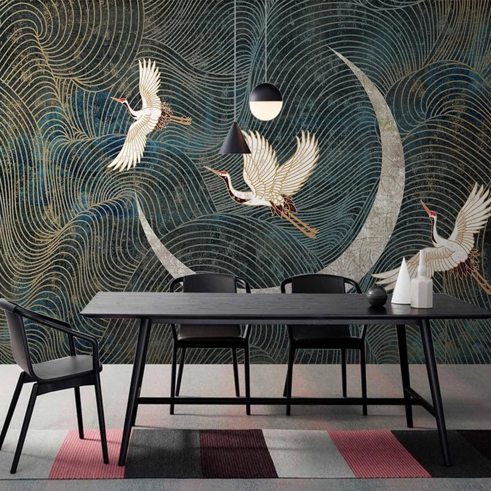 3D Crane Mural Wallpaper with Moon - Bird Themed Wall Art Decor for Living Room & Bedroom - Large 157.5