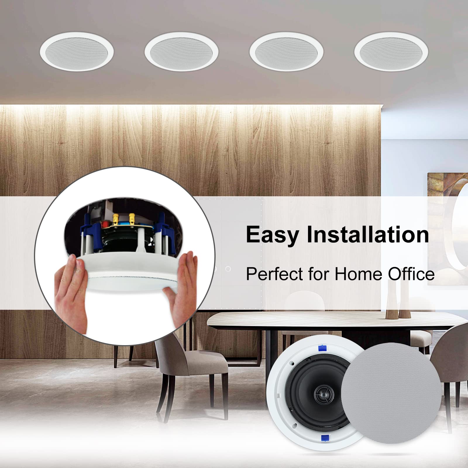 Herdio 640W In-Wall Bluetooth Amplifier & Volume Control Receiver with 6.5 Inch Ceiling Speakers (2 Pairs) - Complete Home Audio System for Multi-Room Music, Home Theater & Background Sound