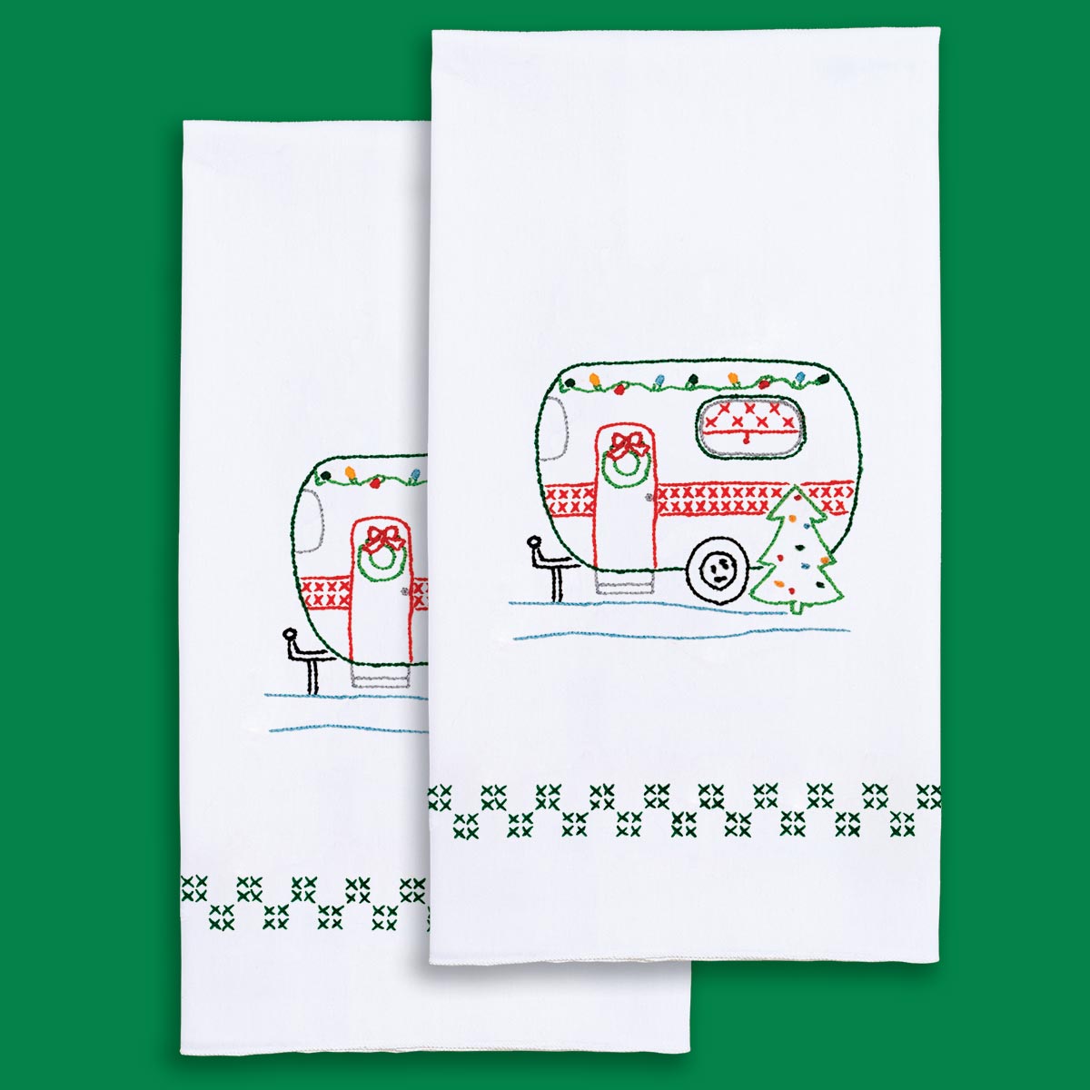 Hand Embroidered Christmas Camper Towel Set - 4-Piece Kitchen & Bath Towels for Holiday Decor, Gift Giving & Cozy Home Use
