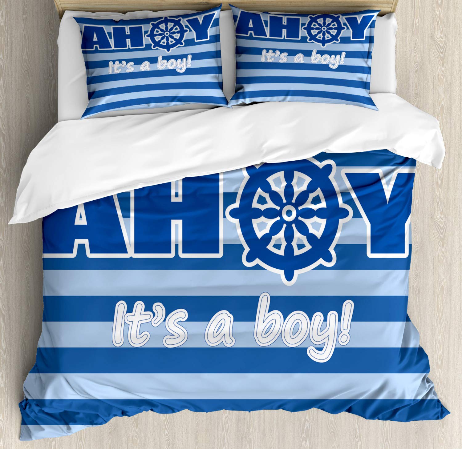 Ambesonne Gender Reveal Party Duvet Cover Set - Modern Marine Wheel Striped Design, 2-Pack Queen Size Bedding Set with 2 Duvet Covers & 4 Pillowcases, Pale Blue & White - Perfect for Baby Shower Decorations, Nursery Bedding, and Gender Announcement Parties