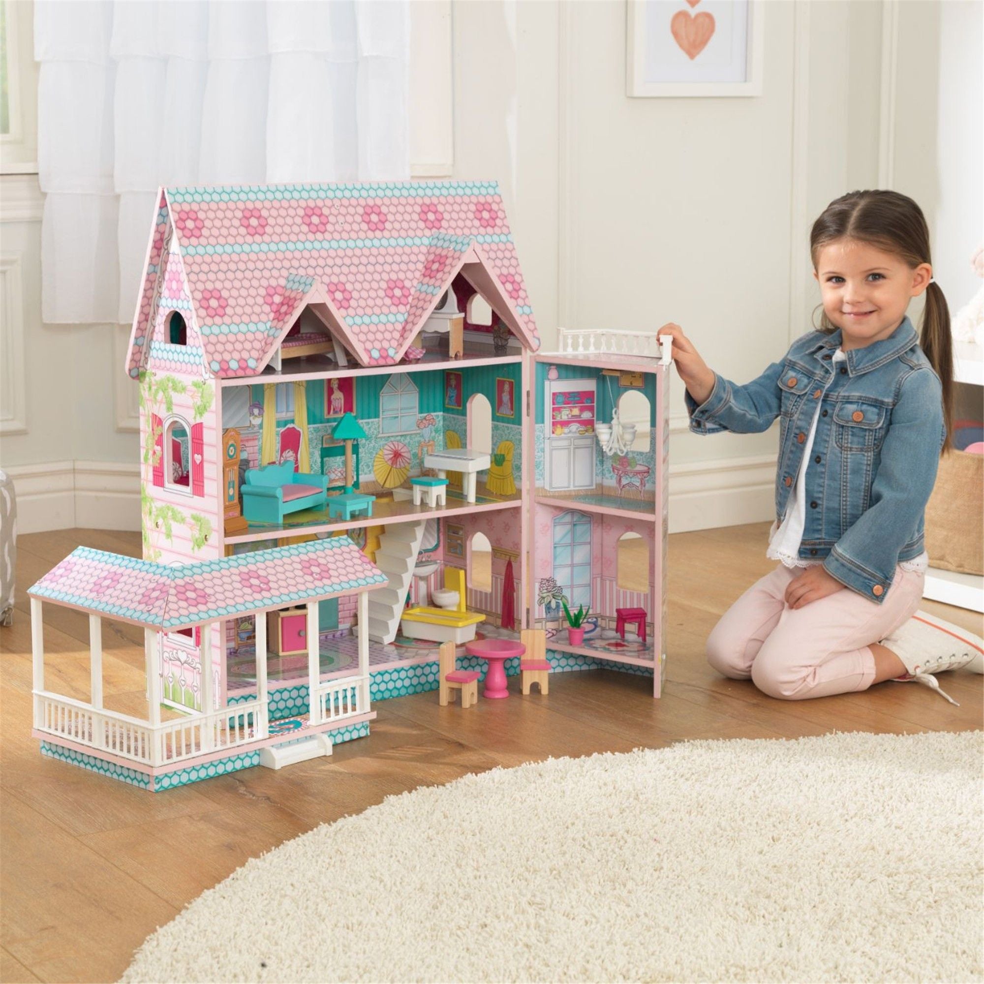 KidKraft Abbey Manor Wooden Dollhouse with Furniture - Classic Victorian Style Playhouse for Kids, Perfect for Imaginative Play & Room Decor