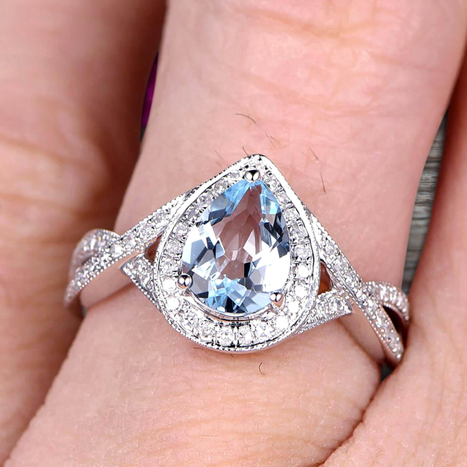 1.50 Carat Pear Shape Aquamarine Engagement Ring in 10k White Gold with Moissanite Halo - Perfect for Proposals, Weddings & Anniversaries