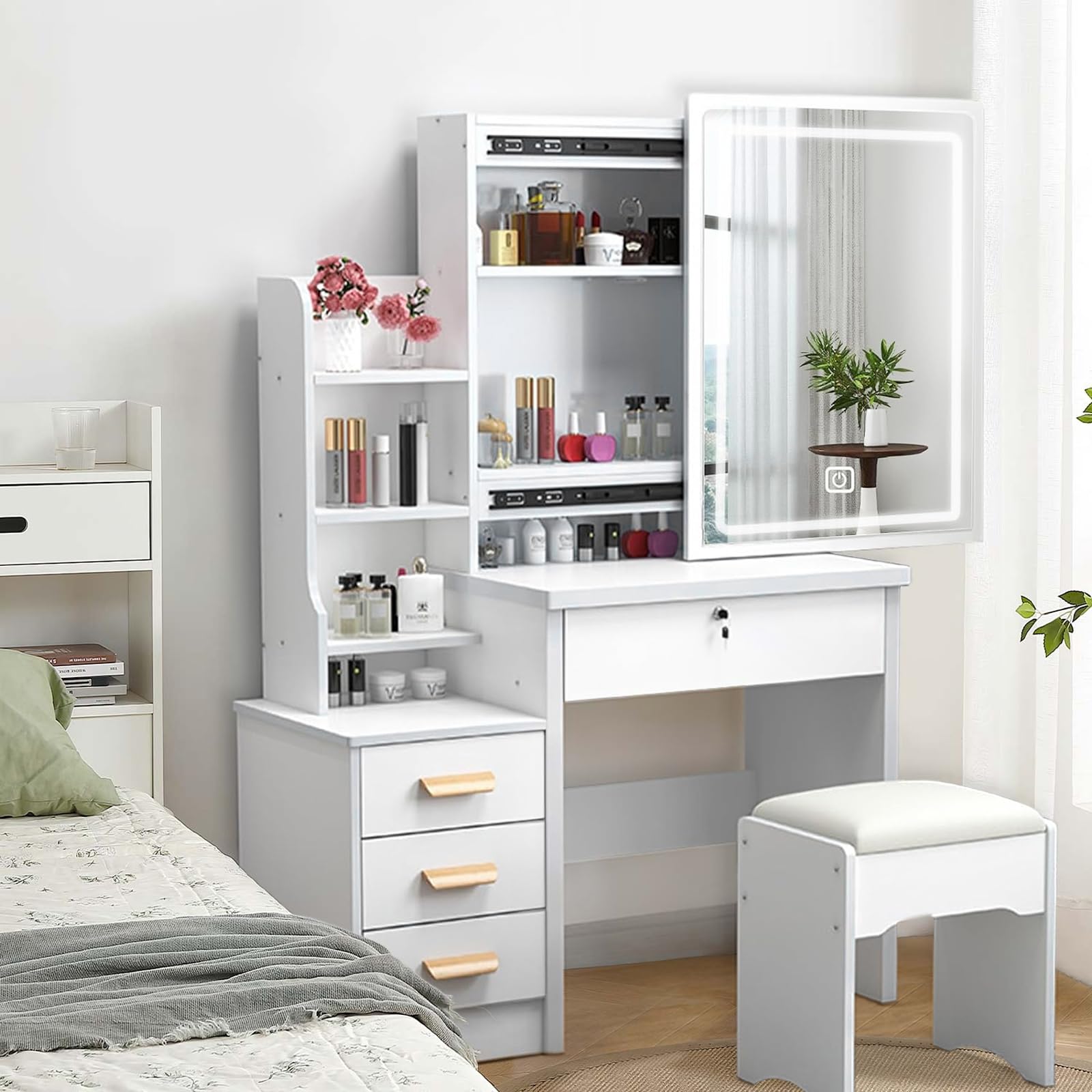 WIIS' IDEA Vanity Desk with LED Lights - Makeup Vanity with Mirror, 4 Drawers & Storage Shelves, Extra Large Sliding Mirror, 3 Lighting Modes & Adjustable Brightness - Perfect for Bedroom, Dressing Room & Beauty Salon Makeup Application