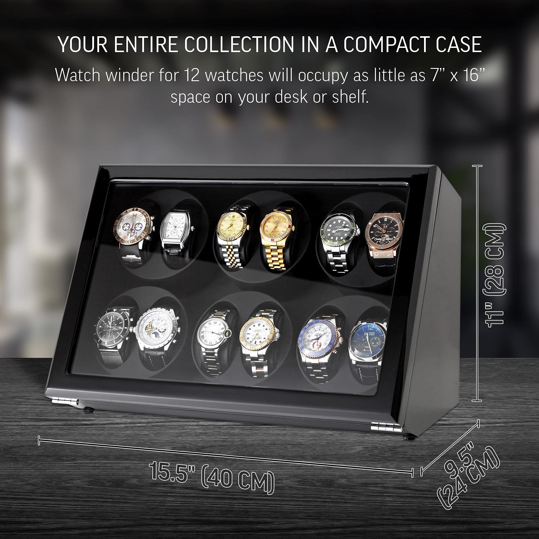 12 Slot Automatic Watch Winder with Motor Stop & Battery Option - Perfect for Rolex, Omega & Luxury Watch Storage & Display