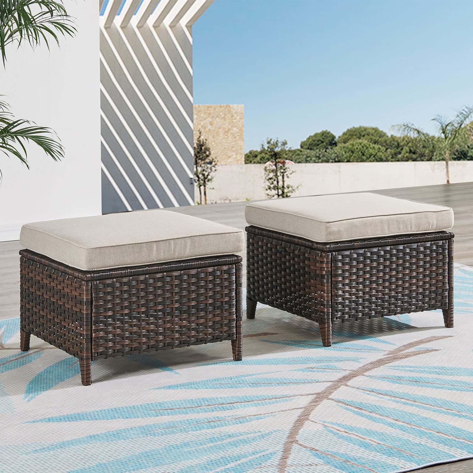2-Piece Outdoor Wicker Ottoman Set with Thick Cushions - Brown/Beige Rattan Patio Footrest & Footstool for Garden, Poolside & Deck Relaxation