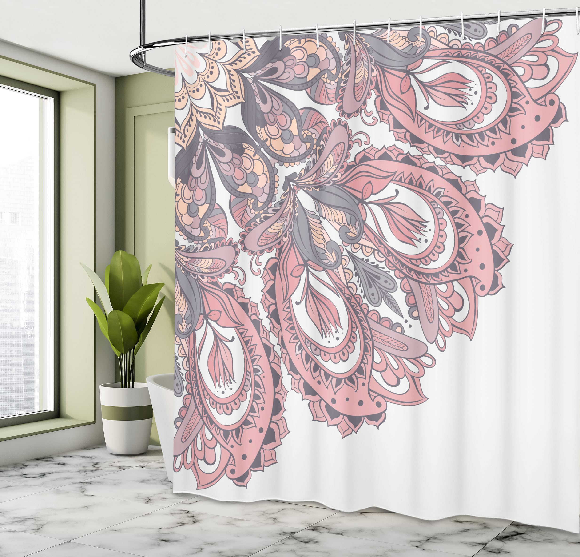 Ambesonne Mandala Shower Curtain - Traditional Paisley Mystic Design with Detailed Edge Pattern, 69x70 Inches, Blush Peach - Waterproof Fabric Bathroom Decor with Hooks for Spa, Yoga & Bohemian Style Homes