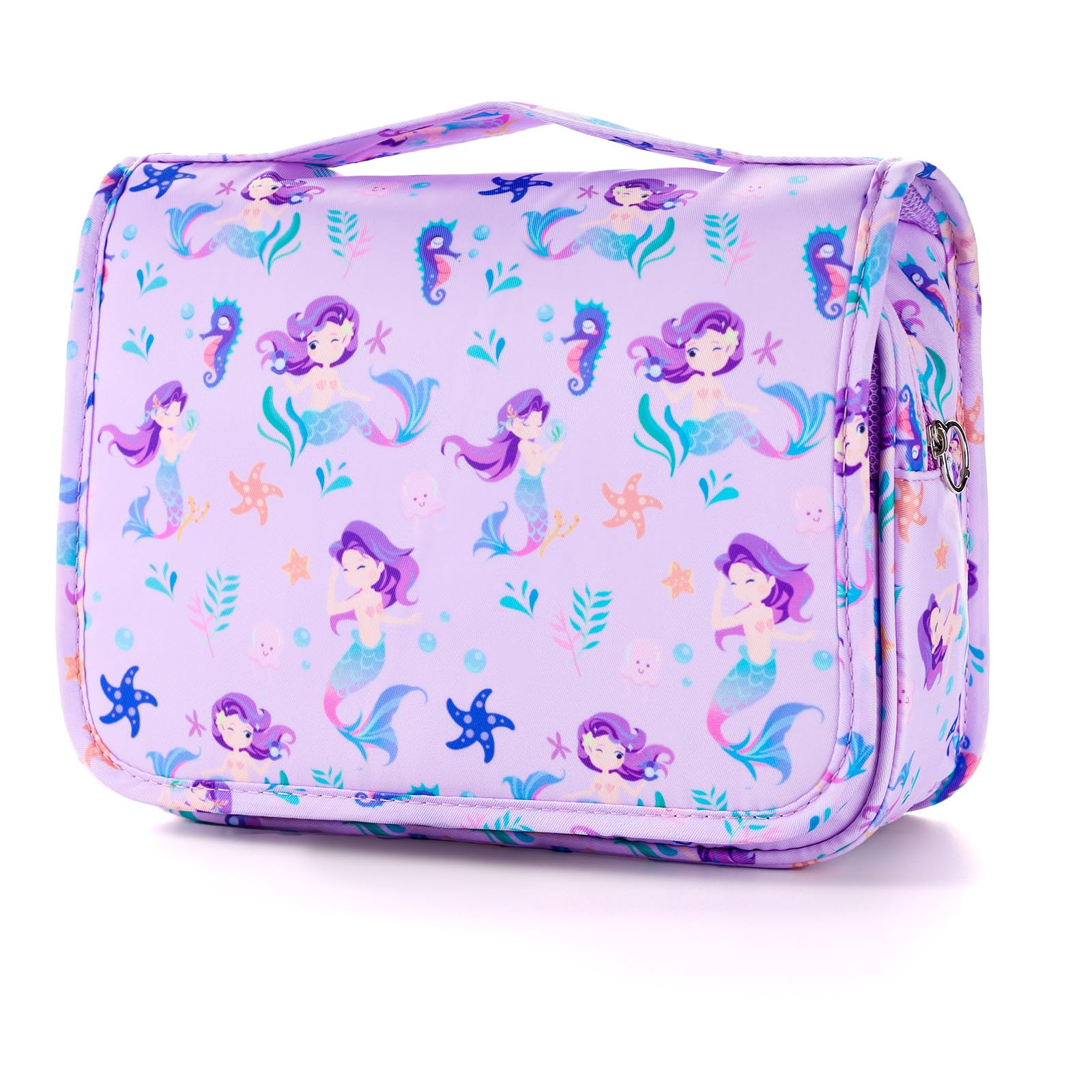 Waterproof Kids Hanging Toiletry Bag for Girls - Mermaid Purple Travel Cosmetic Organizer | Perfect for Toddler Travel, Camping & Sleepovers | Cute Makeup Wash Bag for Little Girls