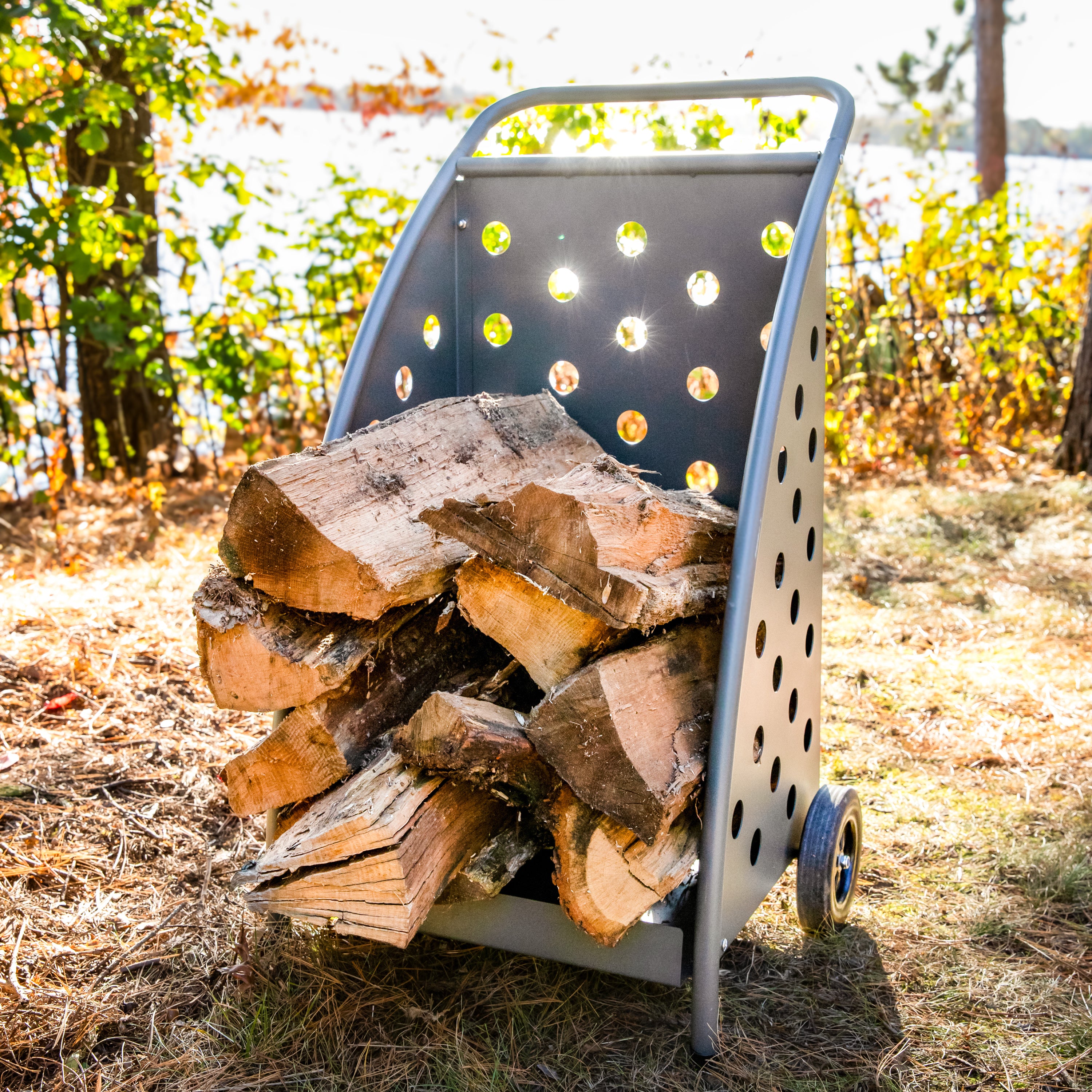 Sunnydaze Heavy-Duty Steel Firewood Log Cart with Wheels - 34 Inch Outdoor Firewood Rack for Fireplace, Camping, and Backyard Storage