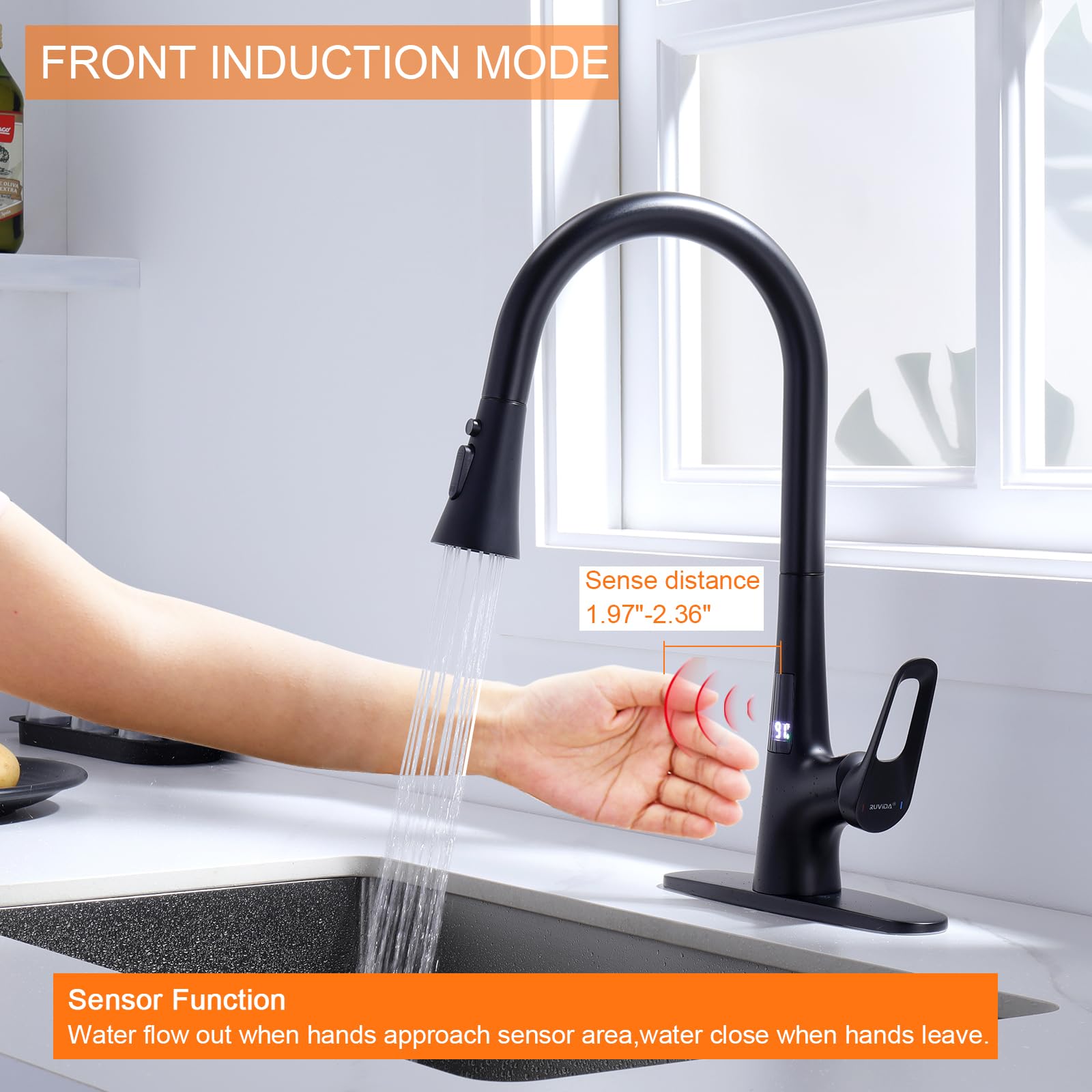 RUVIDA Matte Black Kitchen Faucet with Pull Down Sprayer - Single Handle Motion Sensor Sink Faucet with Deck Plate & 3 Spray Functions - Perfect for Commercial, Farmhouse, Camper, Laundry, and Home Kitchen Use