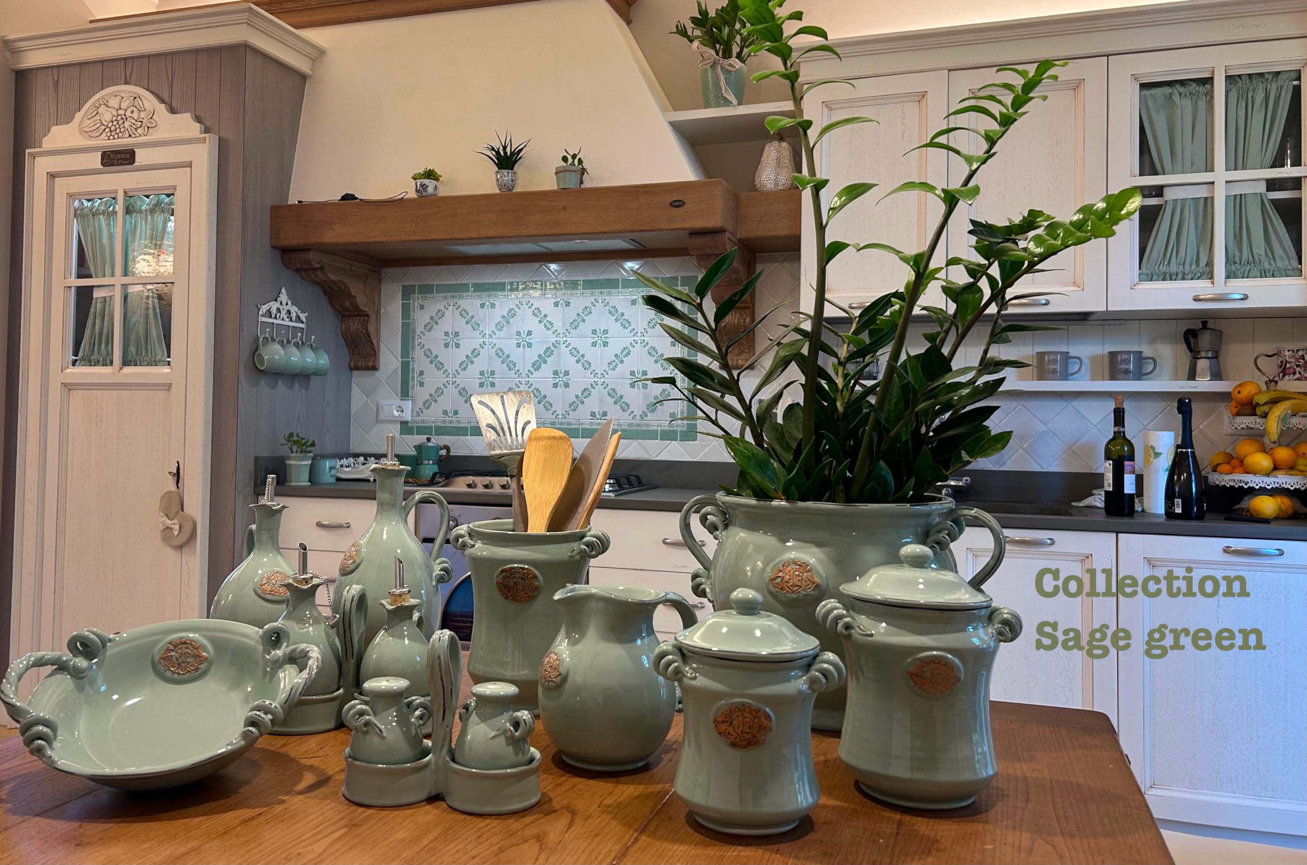 Hand-Painted Italian Ceramic Utensil Holder & Wine Bottle - Rustic Tuscan Art Pottery with Sage Green Decorated Pattern - Made in Italy - Perfect for Kitchen Organization & Tuscan Home Decor