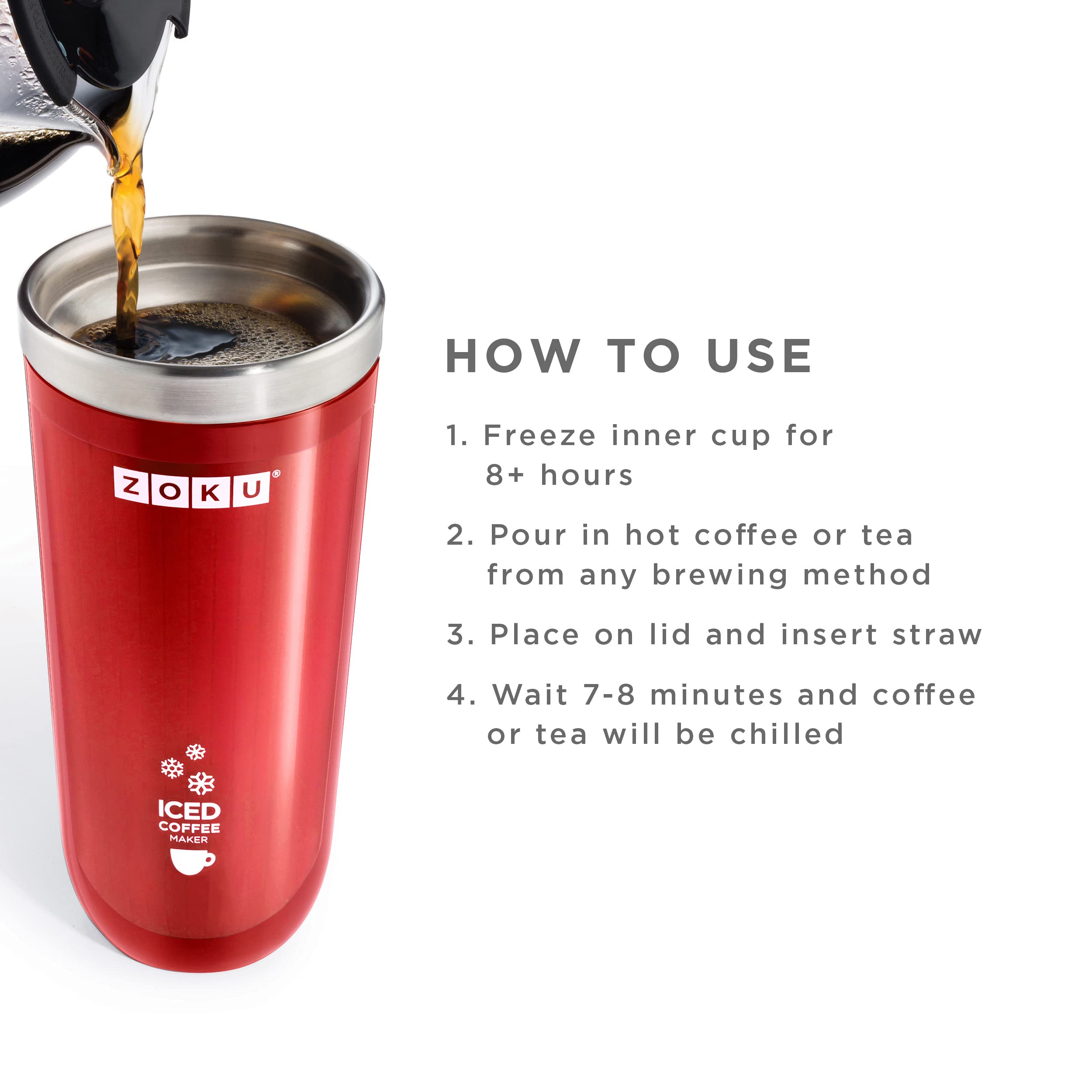 Zoku Instant Iced Coffee Maker - Reusable Beverage Chiller Cools Hot Drinks Fast Without Dilution | 11oz Portable Tumbler with Leak-Proof Lid & Straw (Red) | Perfect for Office, Travel & Outdoor Activities