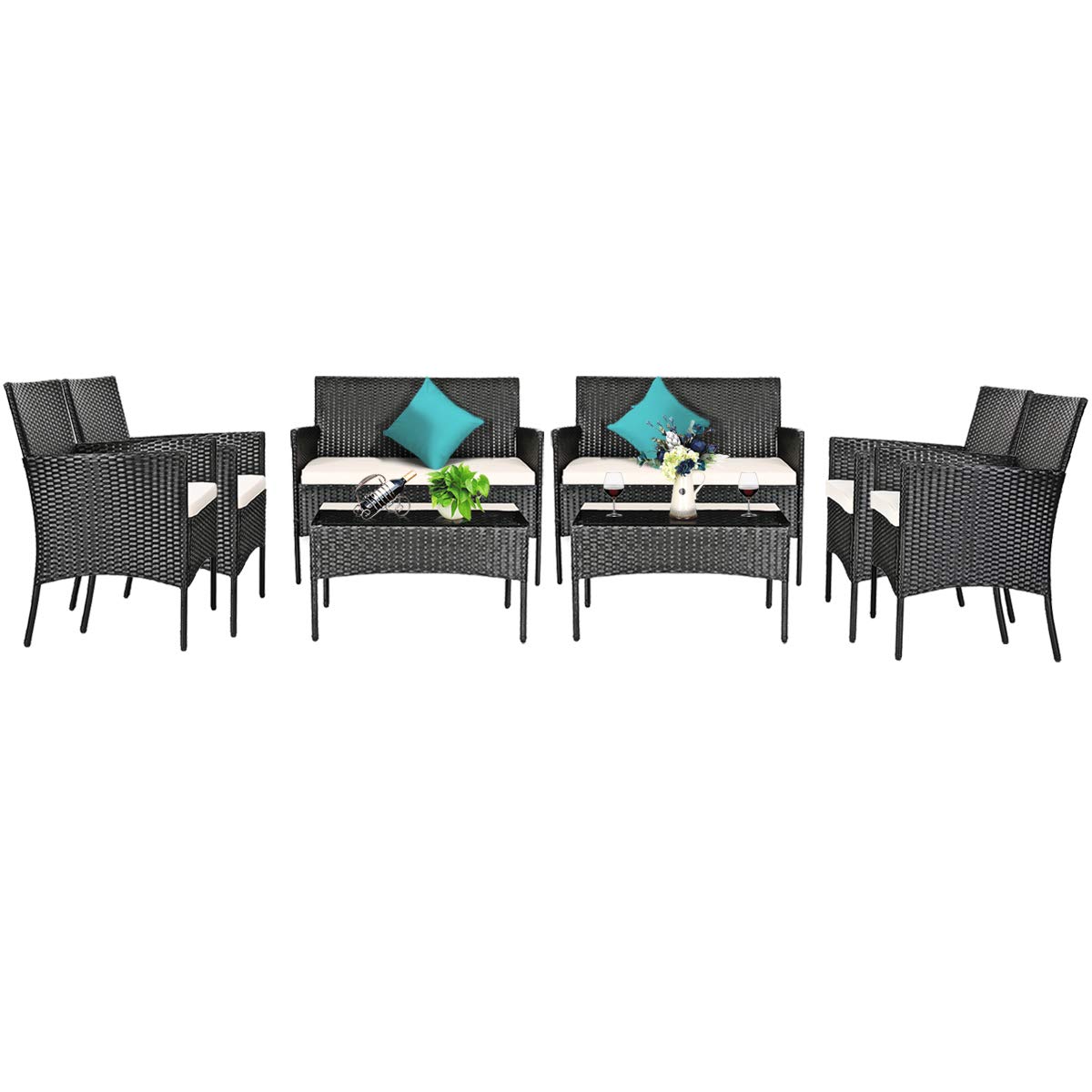 Tangkula 8-Piece Outdoor Patio Furniture Set - All-Weather Wicker Sofa Set with Tempered Glass Coffee Table, Rattan Loveseat & Chairs with Thick Cushions - Perfect for Backyard, Garden, Poolside & Patio Relaxation (Beige, 2-Person Seating)