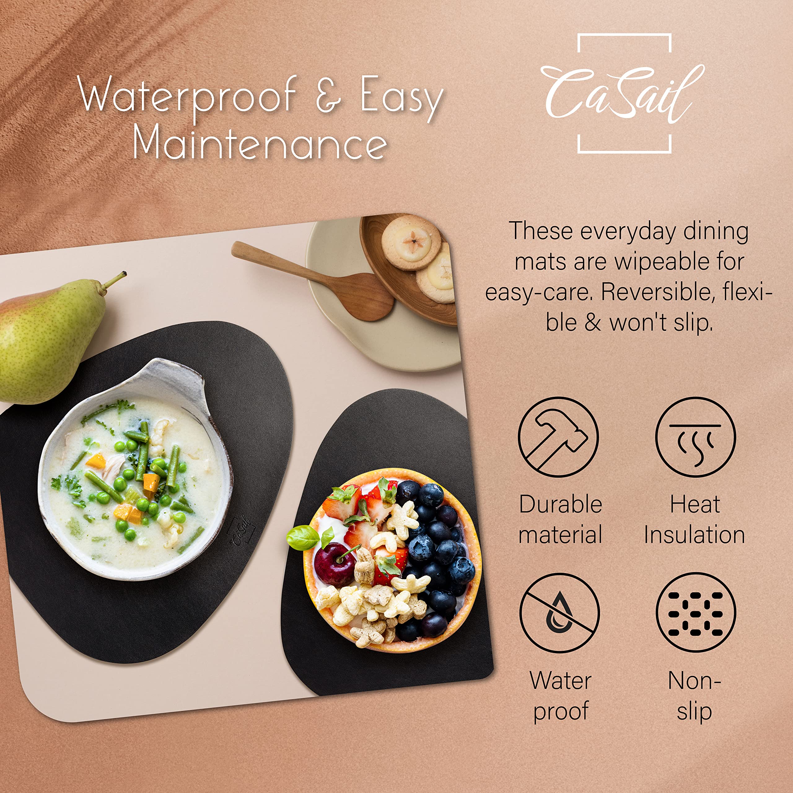 Premium Faux Leather Placemats and Coasters Set - 4 Round Modern Black Table Mats for Dining, Heat Resistant & Waterproof - Non-Slip for Indoor Outdoor Use - Easy Wipe Clean Care - Perfect for Dinner Parties, BBQs, and Daily Dining Protection