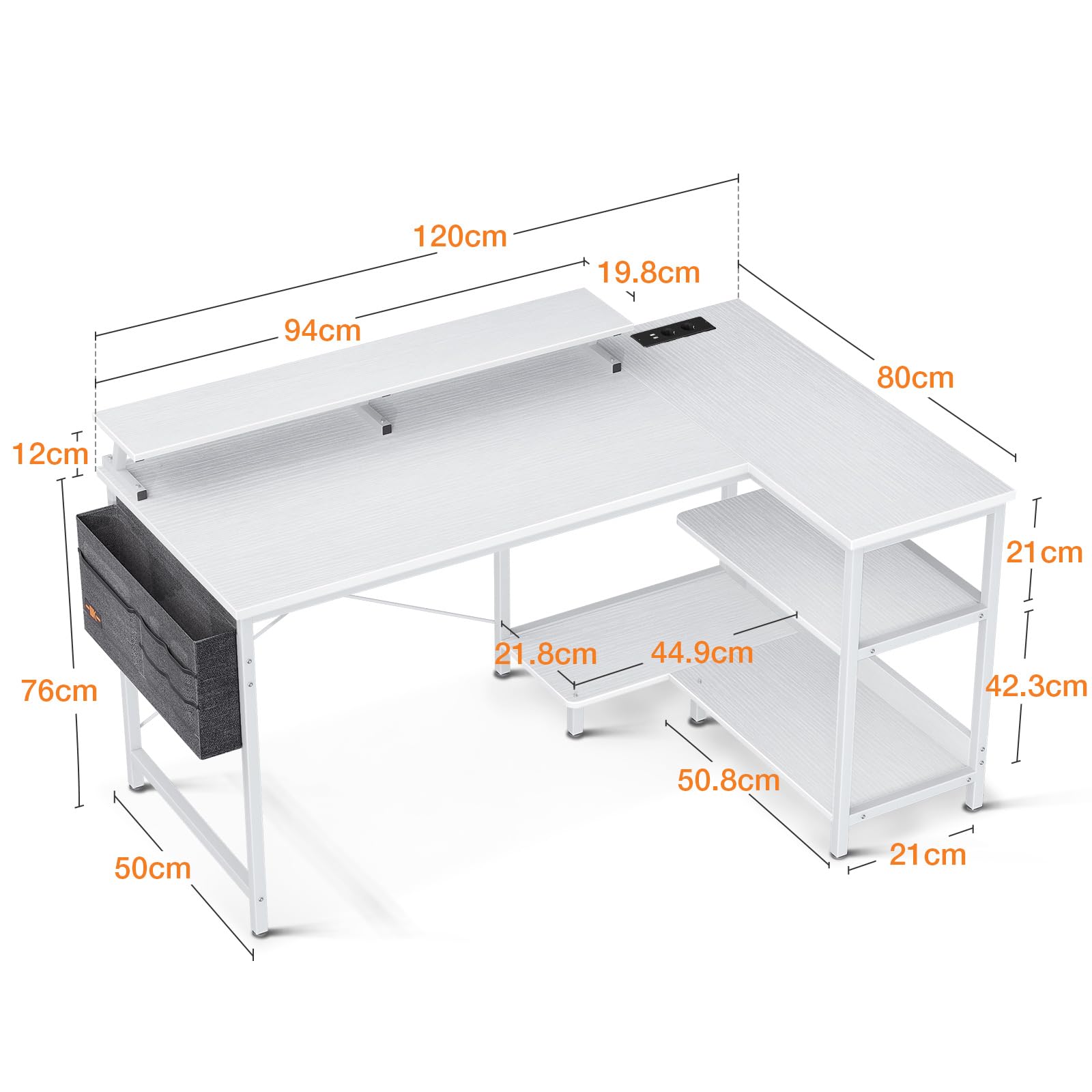 ODK Reversible L-Shaped Gaming Desk 120x80cm with USB Charging Port & Power Outlet, White Corner Desk for Home Office - Perfect for Gaming, Work & Study Setup