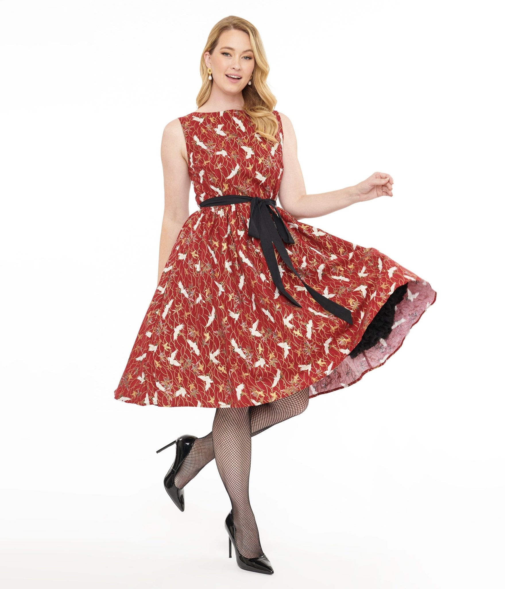 Vintage 1950s Burgundy Crane Print Sleeveless Swing Dress - Retro Fall Fashion for Women, Cocktail Party & Holiday Outfit