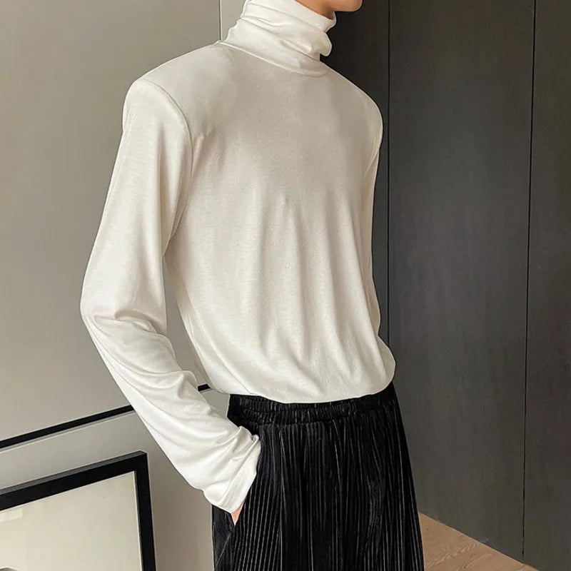 Men's Autumn Slim Fit Turtleneck Long Sleeve Pullover Top with Solid Collar & Shoulder Pads - Solid Color Casual Shirt 9A2222 for Work, Dating & Fall Outfits