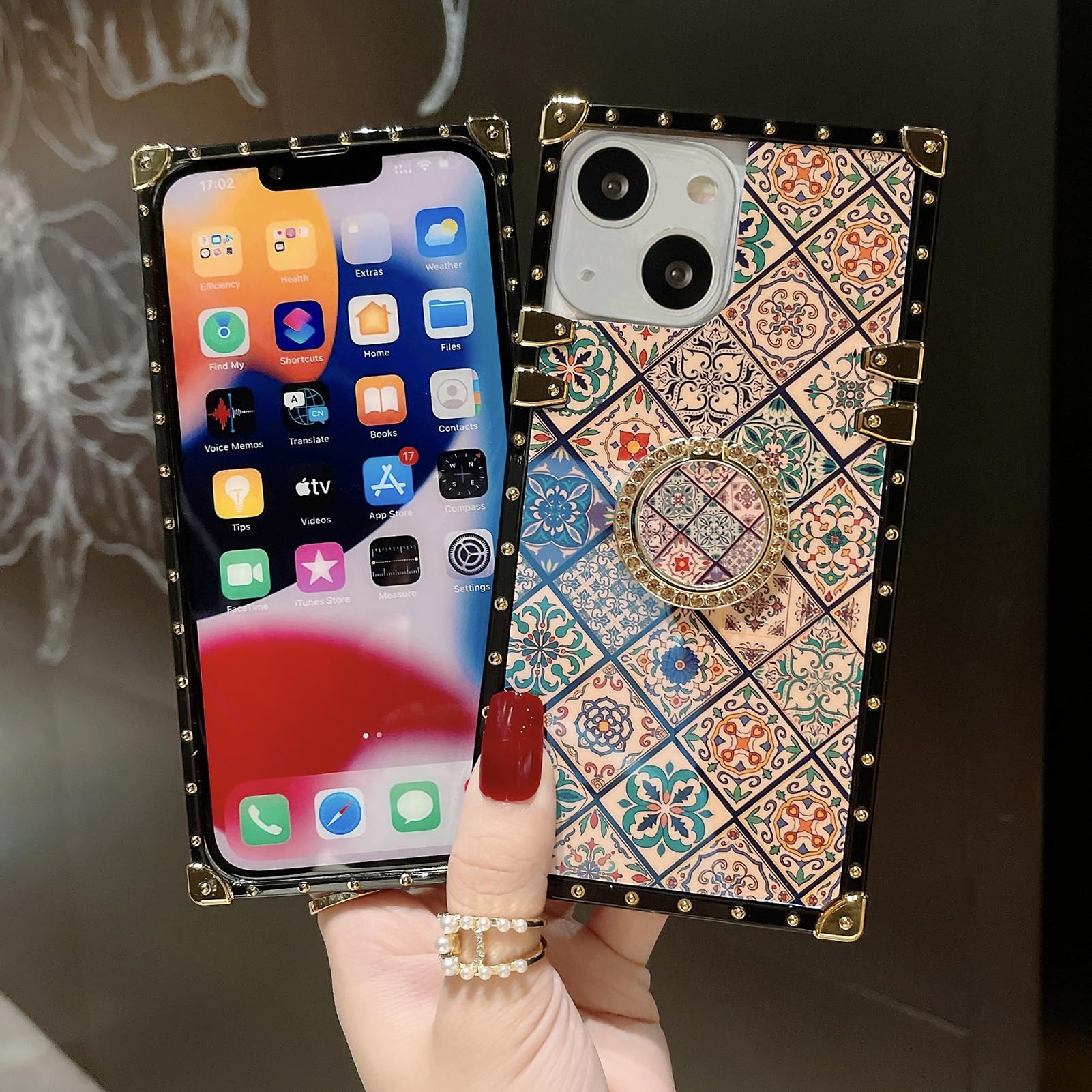 Retro Totem Blue Ray Phone Case for iPhone 13/14 with Glitter Holder Ring - Indian Hippie Bohemian Psychedelic Peacock Diamond Lattice Mandala Design - Shockproof Protective Cover (6.1 Inch) - Perfect for Festival, Travel & Boho Style Lovers