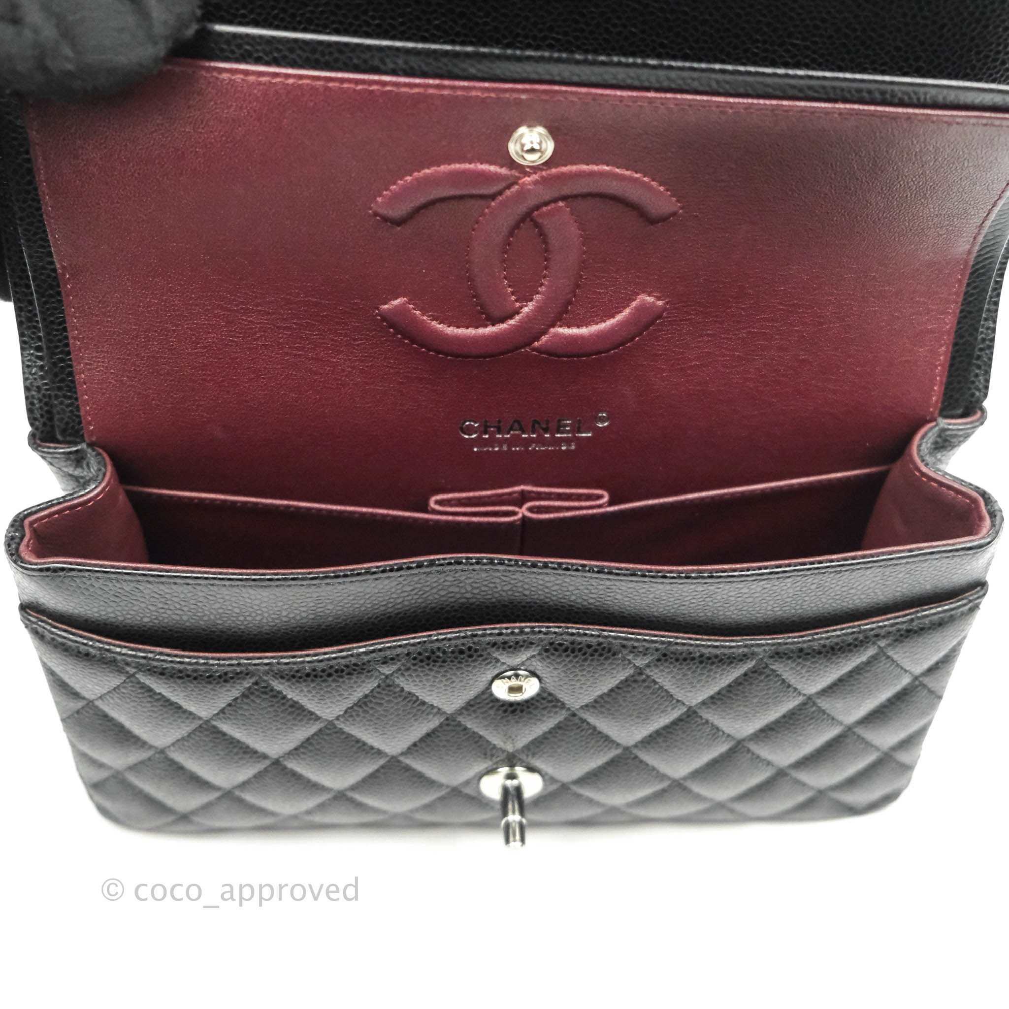 Chanel Classic Medium Double Flap Bag Black Caviar Leather with Silver Hardware - Luxury Designer Handbag for Women, Perfect for Work, Evening Events & Special Occasions