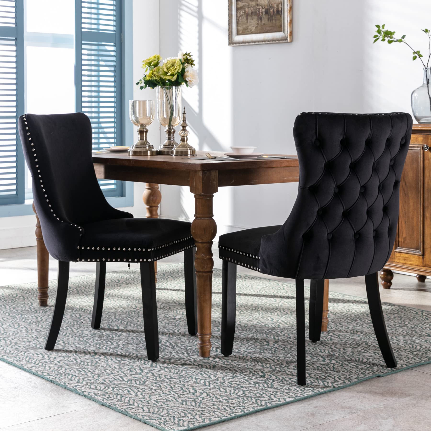 Velvet Upholstered Dining Chairs Set of 2 - Wingback Kitchen Accent Chairs with Solid Wood Legs, Nailhead Trim & Button Tufted Back - Stylish Luxury Elegant Black Dining Room Chairs for Home Decor & Entertaining