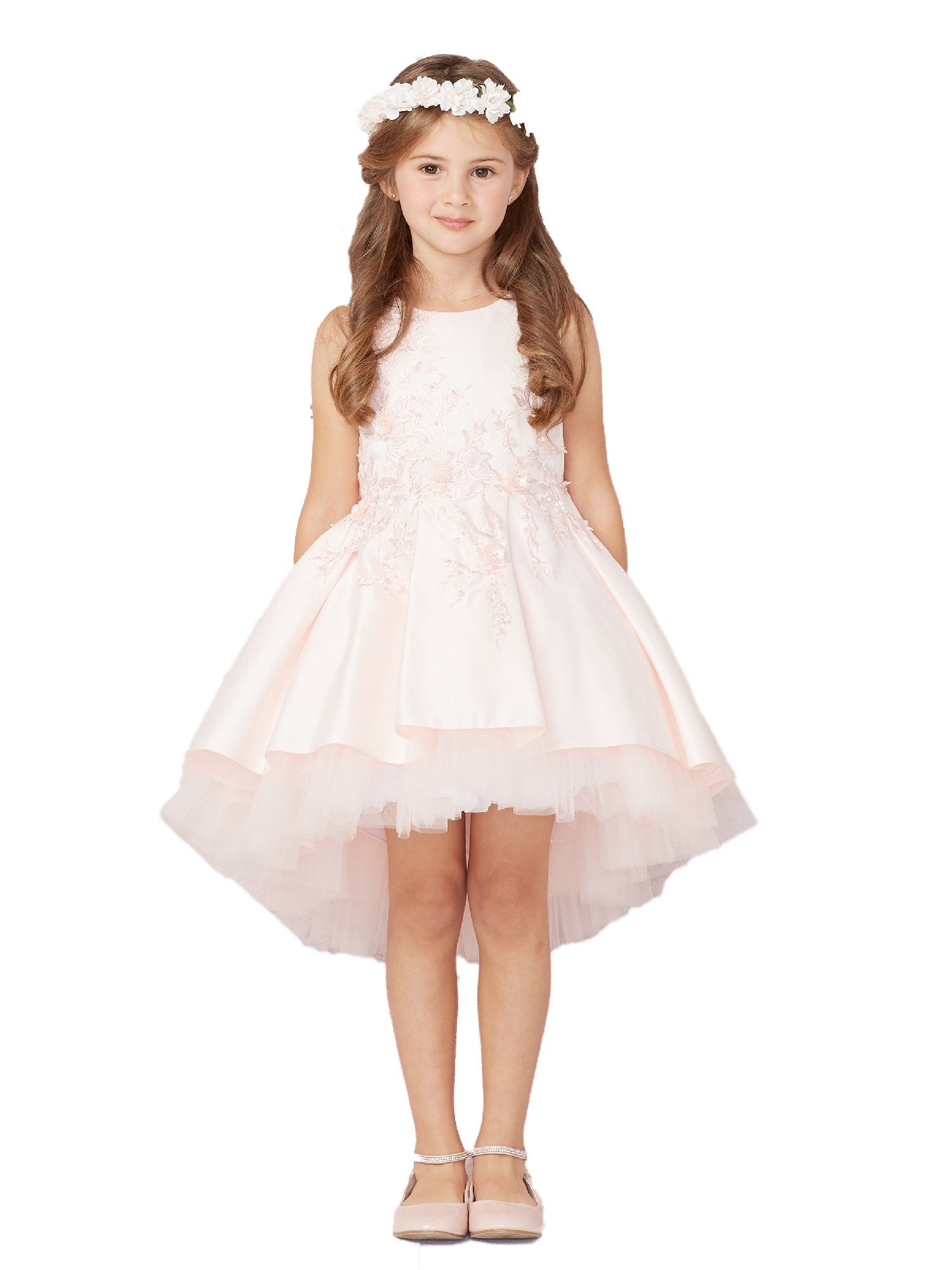 Big Girls Blush Pink Hi-Low Lace Tulle Junior Bridesmaid Dress Sizes 8-16 | Flower Girl Dress for Weddings, Parties & Special Occasions