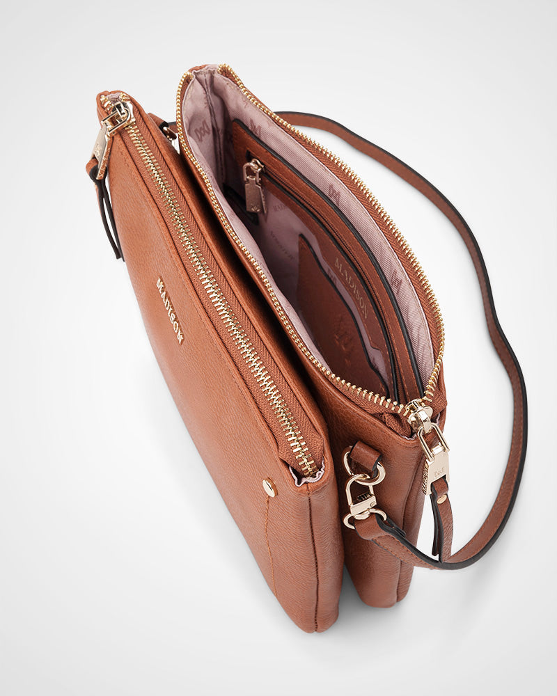 Charlotte Double Zip Crossbody Bag with Adjustable Utility Strap - Stylish & Functional for Travel, Work & Everyday Use