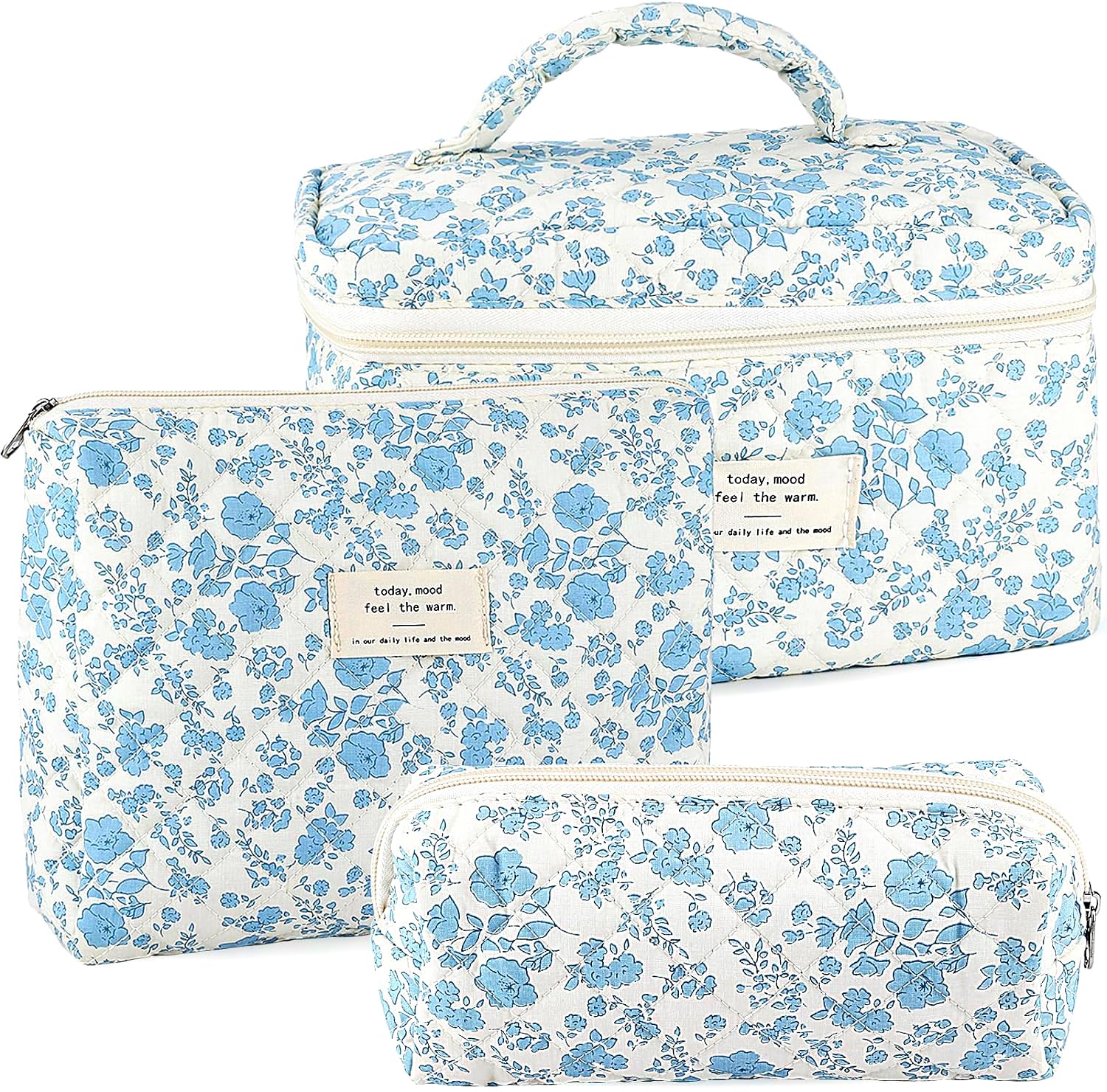 3Pcs Cotton Quilted Makeup Bag Set for Women - Extra Large & Small Travel Cosmetic Organizer with Cute Blue Floral Print | Portable Toiletry Pouch, Vintage Puffy Design | Perfect for Travel, Gym, Daily Use & Gift Giving