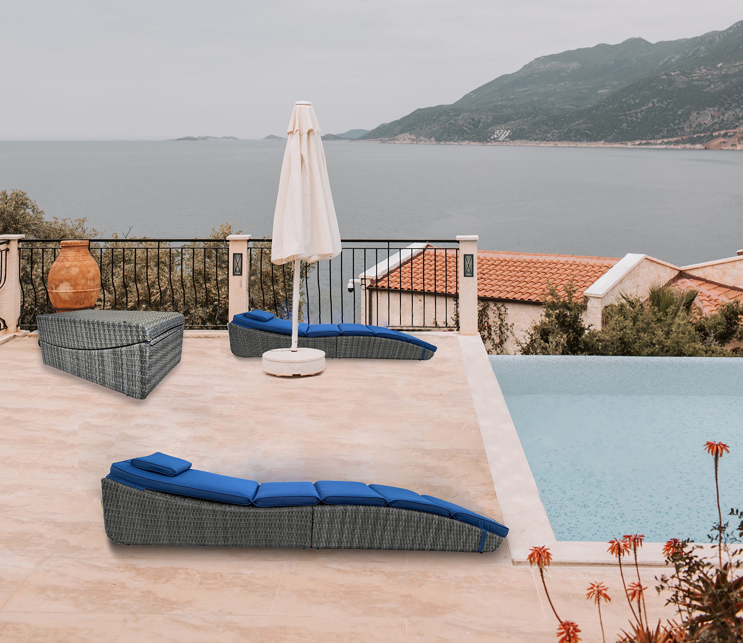 BTEXPERT Outdoor Chaise Lounge Chair - Adjustable Reclining Poolside Sun Lounger with Cushion, Wicker Rattan Patio Furniture - Fully Assembled Space-Saving Folding Design (Blue) - Perfect for Poolside Relaxation, Backyard Lounging & Beach Getaways