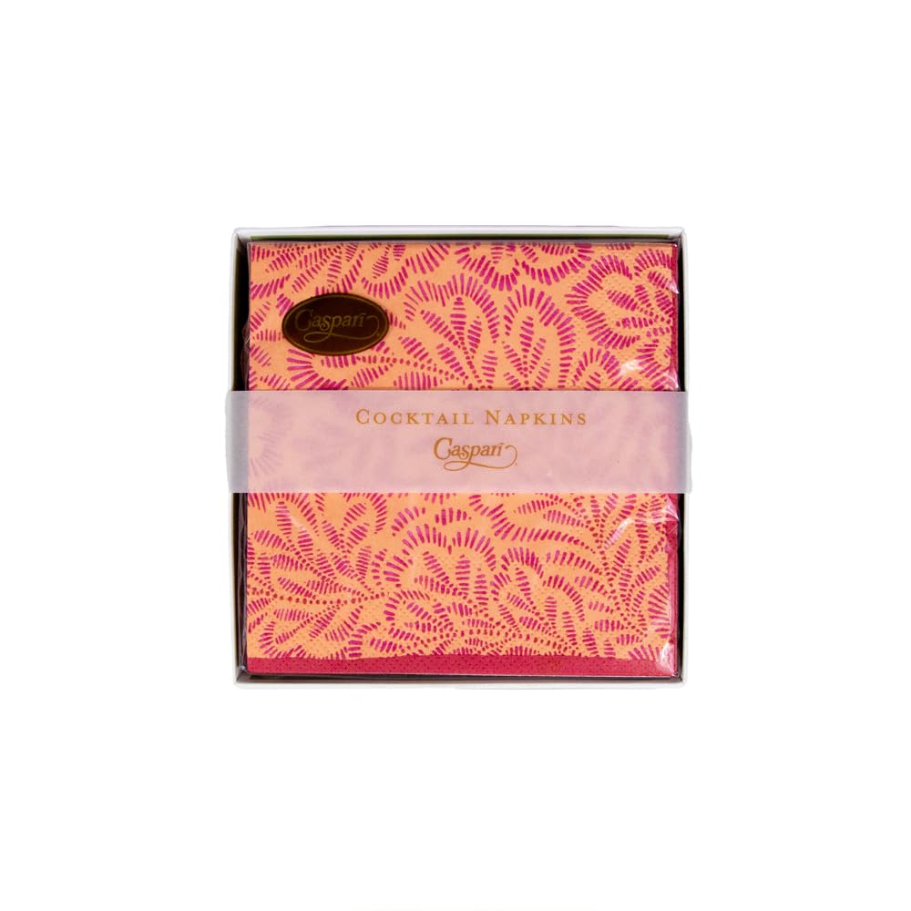 Caspari Block Print Leaves Fuchsia & Orange Cocktail Napkins - 3 Boxes of 40, Premium Paper Party Napkins for Weddings, Cocktail Parties & Home Decor