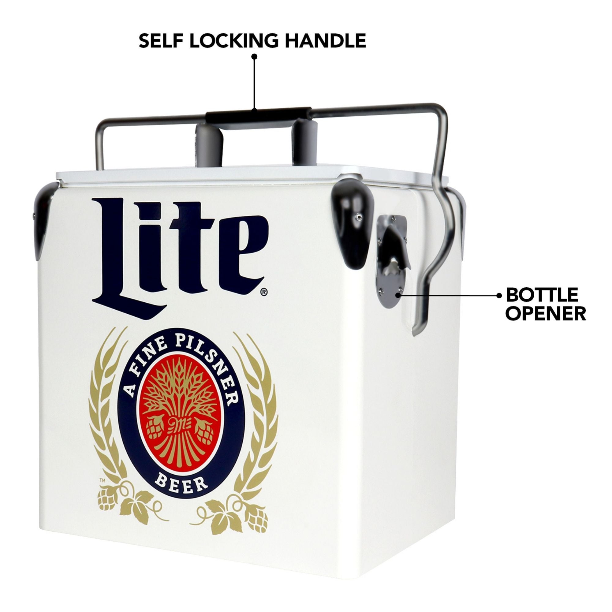 Vintage Style Miller Lite Retro Ice Chest Cooler 13L (14 qt) - 18 Can Capacity with Bottle Opener, Blue and Red - Perfect for Camping, Beach, Picnics, RV Trips, BBQs, Tailgating & Fishing Parties