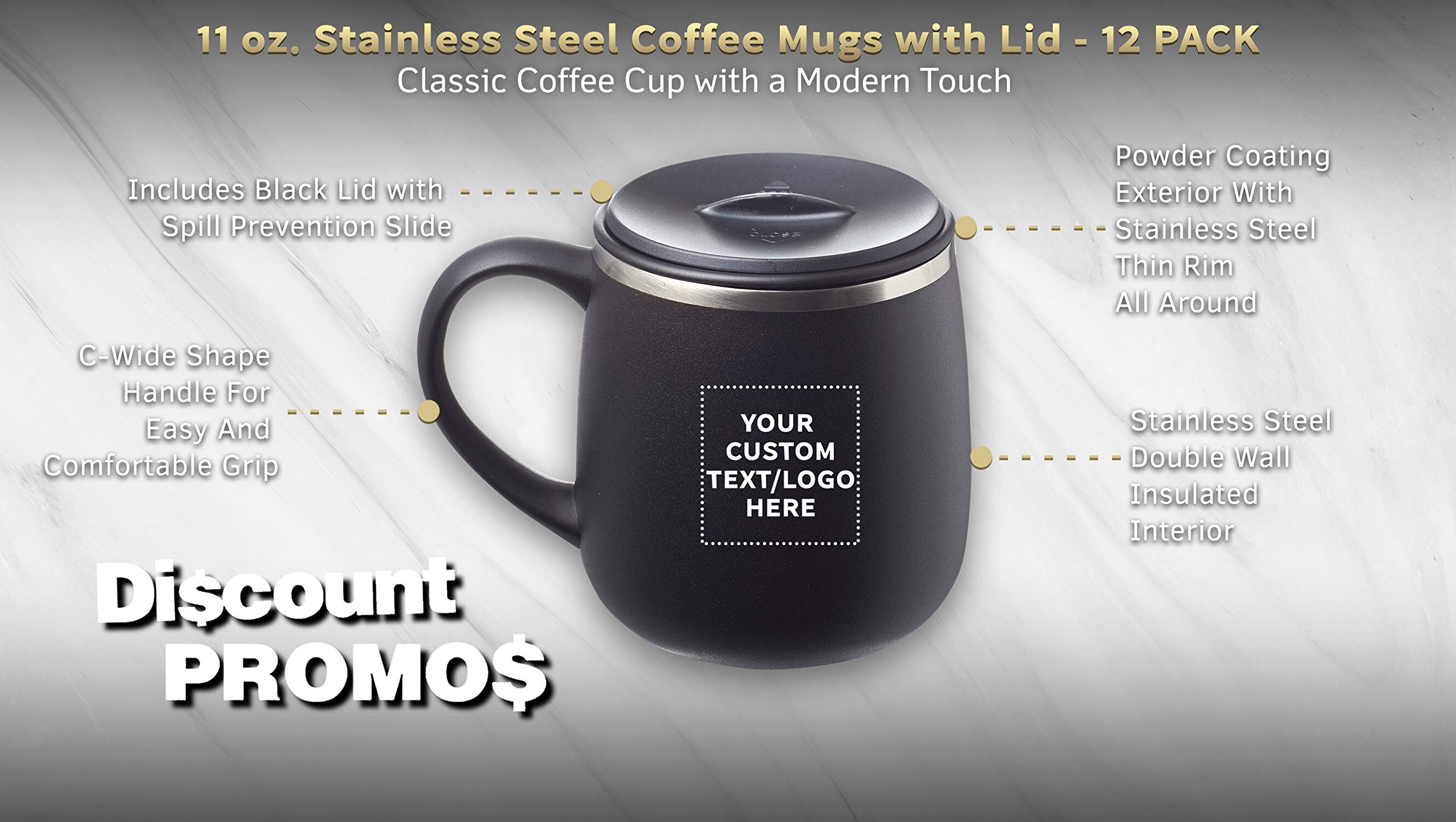Custom 11 oz. Stainless Steel Coffee Mugs with Lid - 12 Pack Personalized Text/Logo - Black - Perfect for Office Gifts, Corporate Events & Brand Promotions