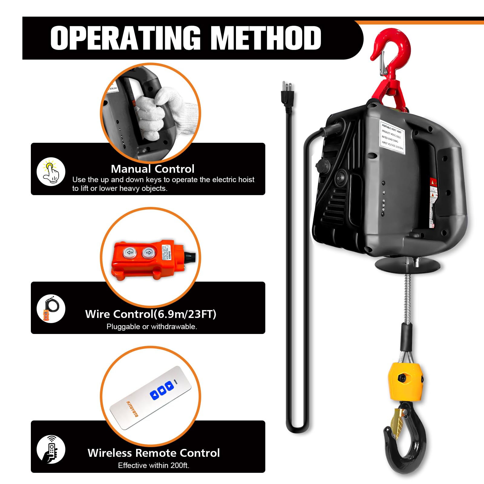 3-in-1 Electric Hoist Winch 1100 Lbs Capacity - Portable Winch with Manual/Cable/Remote Control, Overload Protection & 25ft Lifting Height - Ideal for Factory, Warehouse, Garage, and DIY Lifting Projects