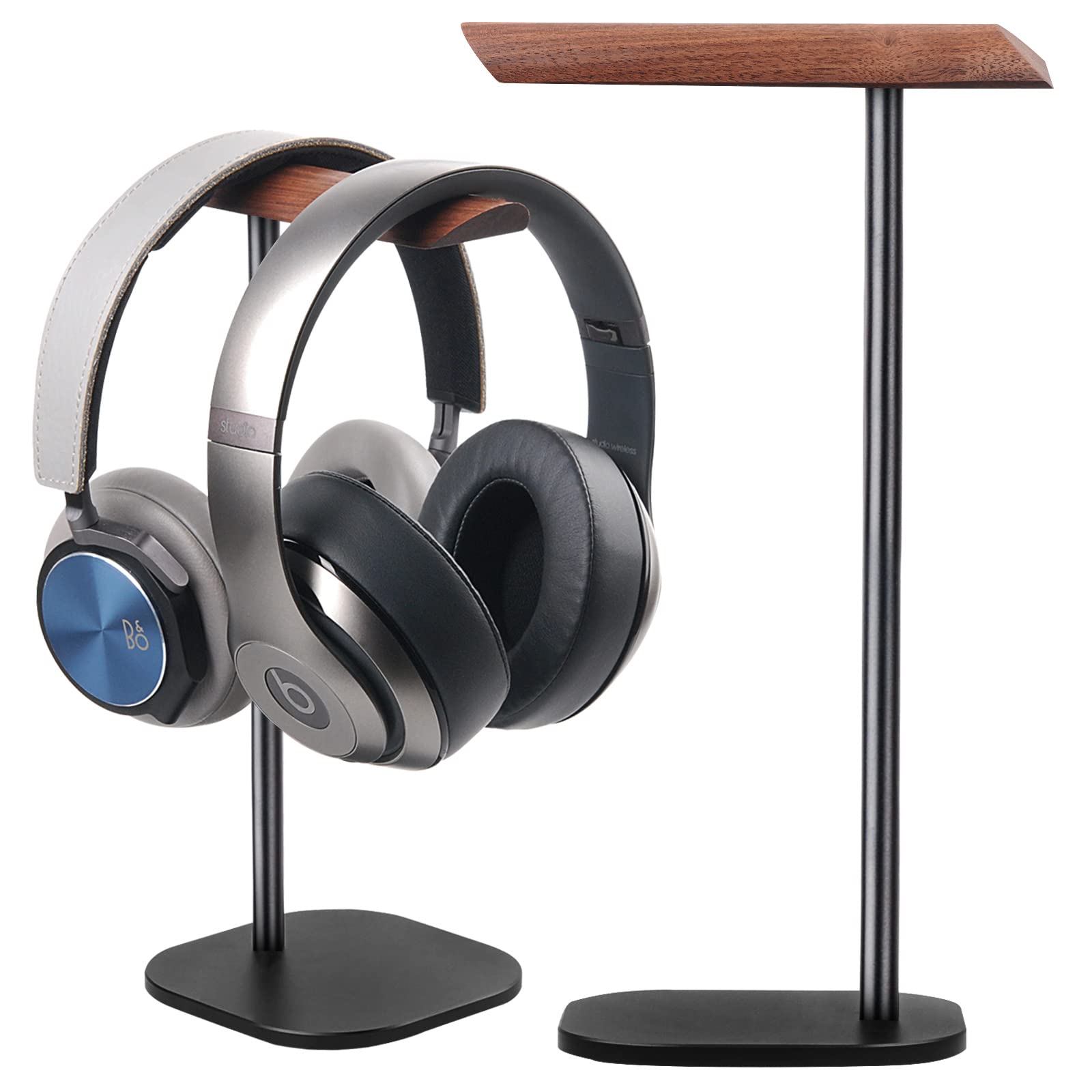 Premium Walnut Wood Headphone Stand with Aluminum Alloy Rod - Dual Headset Holder for Desk, Supports Suspension Hanging - Perfect for Gaming, Office & Home Studio Setup