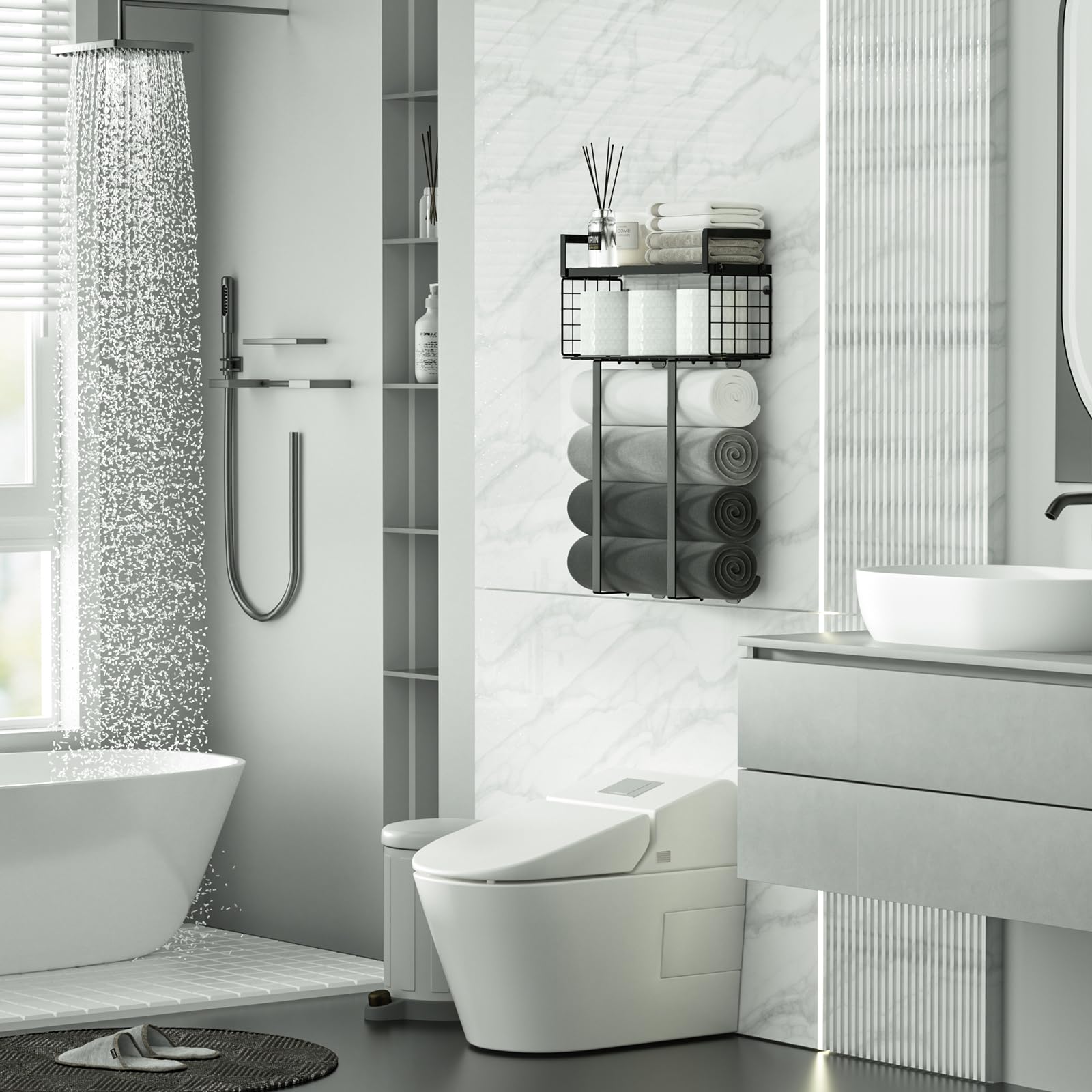 Stainless Steel Wall Mounted Towel Rack with Storage Basket - Space Saving Bathroom Organizer for Rolled Towels, Hand Towels & Toiletries - Perfect for Small Bathrooms, Apartments & Powder Rooms