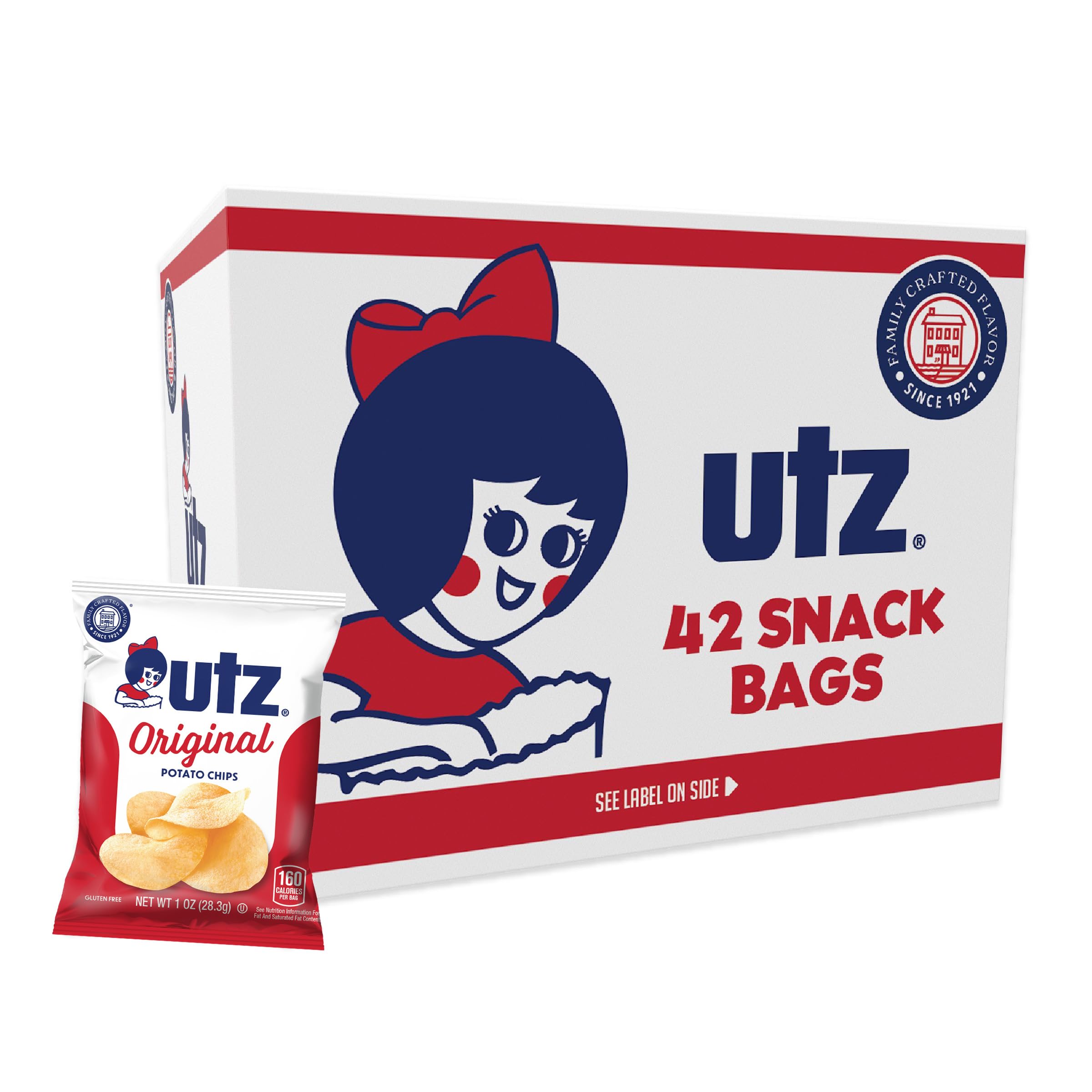 Utz Original 1 Oz Bags, 42 Count - Crispy Potato Chips Made from Fresh Potatoes | Crunchy Individual Snacks for On-The-Go | Cholesterol Free, Trans-Fat Free & Gluten Free | Perfect for Lunches, Parties & Road Trips