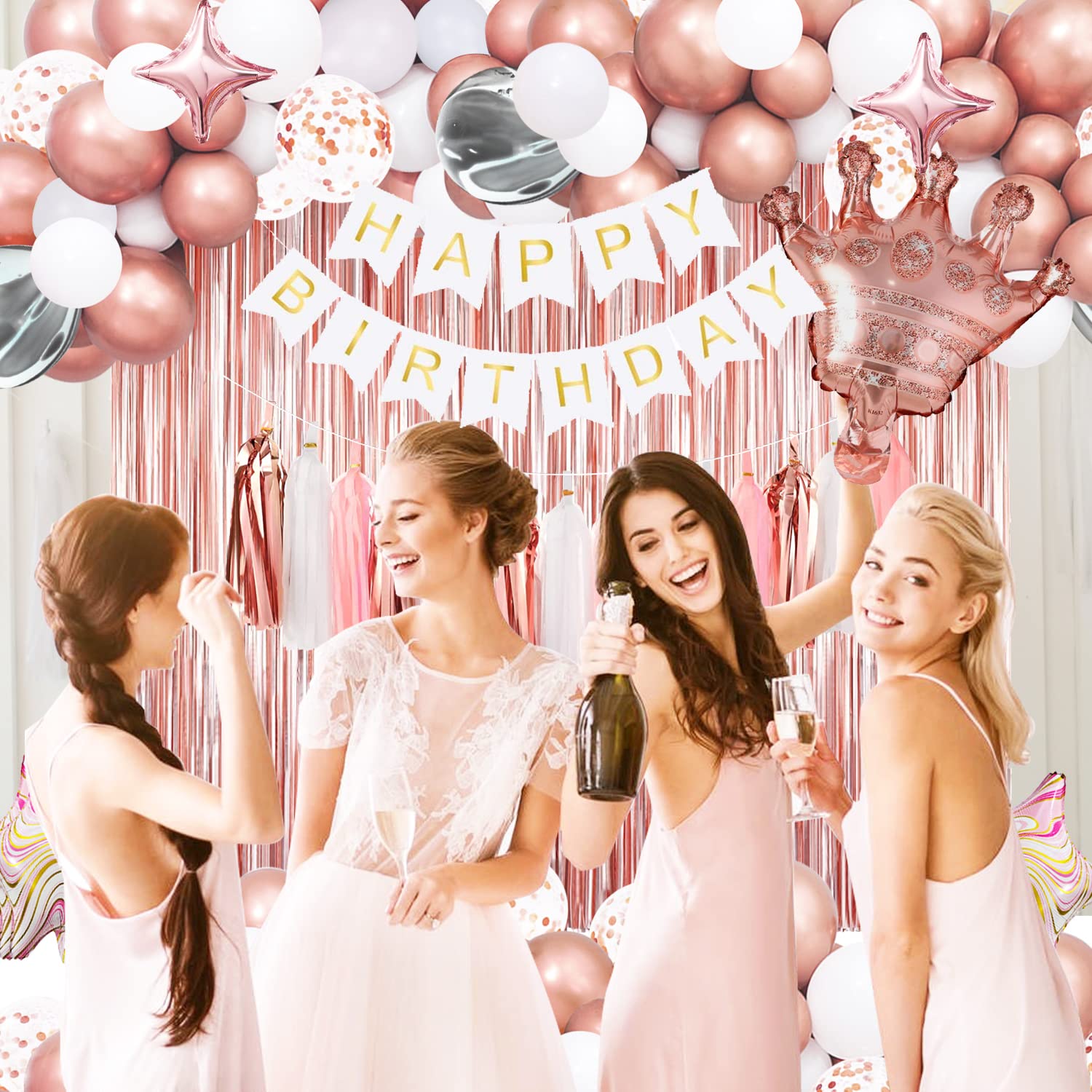Elegant Rose Gold Birthday Party Decorations Set - Happy Birthday Banner, Fringe Curtain Backdrop, Balloons & Tassel Garland for Women's 30th/40th/50th Birthday, Bridal Shower, Baby Shower & Anniversary Celebrations