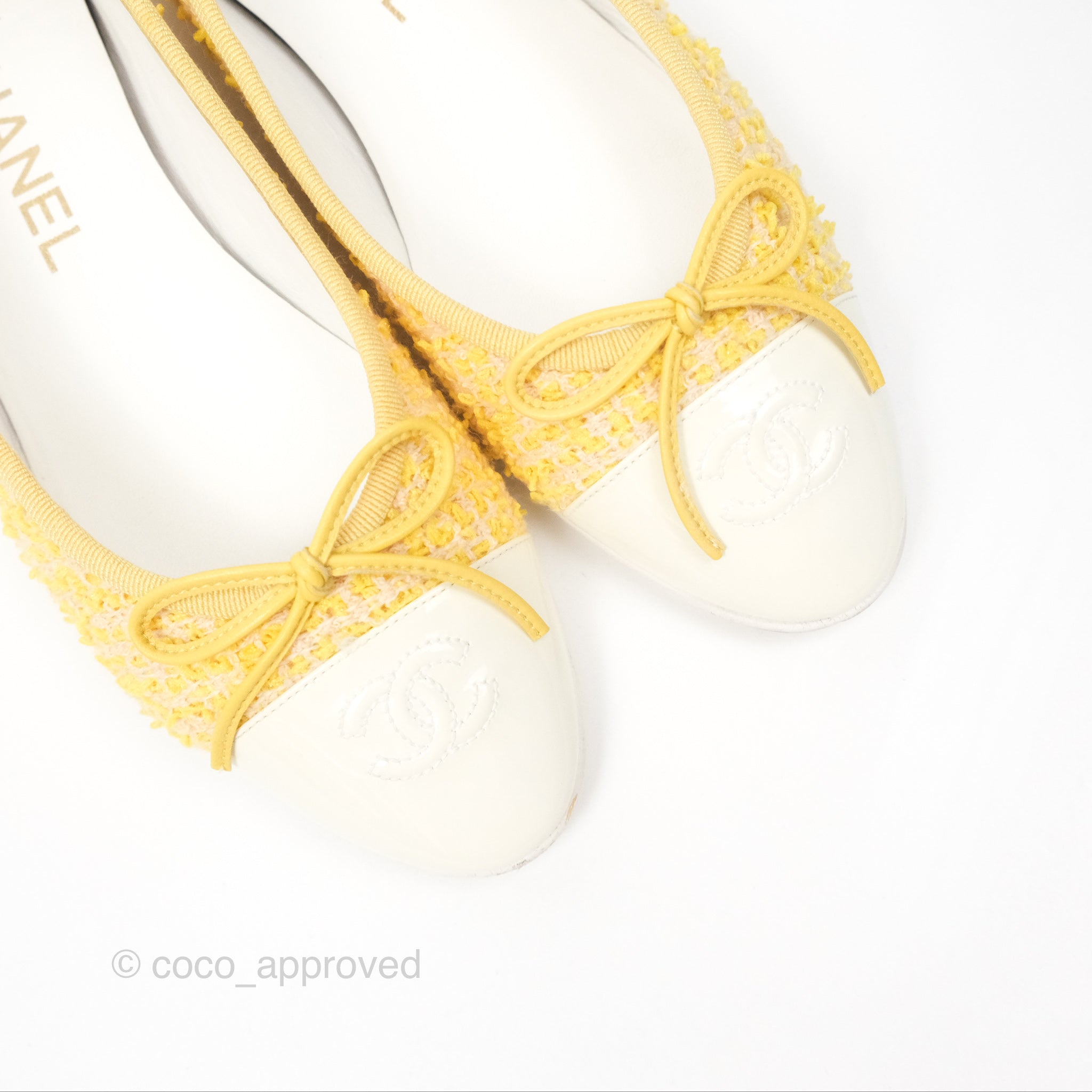 Chanel Ballerina Flats in Yellow Tweed with White Accents - Women's Size 37 (US 7) | Classic Comfortable Ballet Shoes for Work, Date Night & Casual Outings