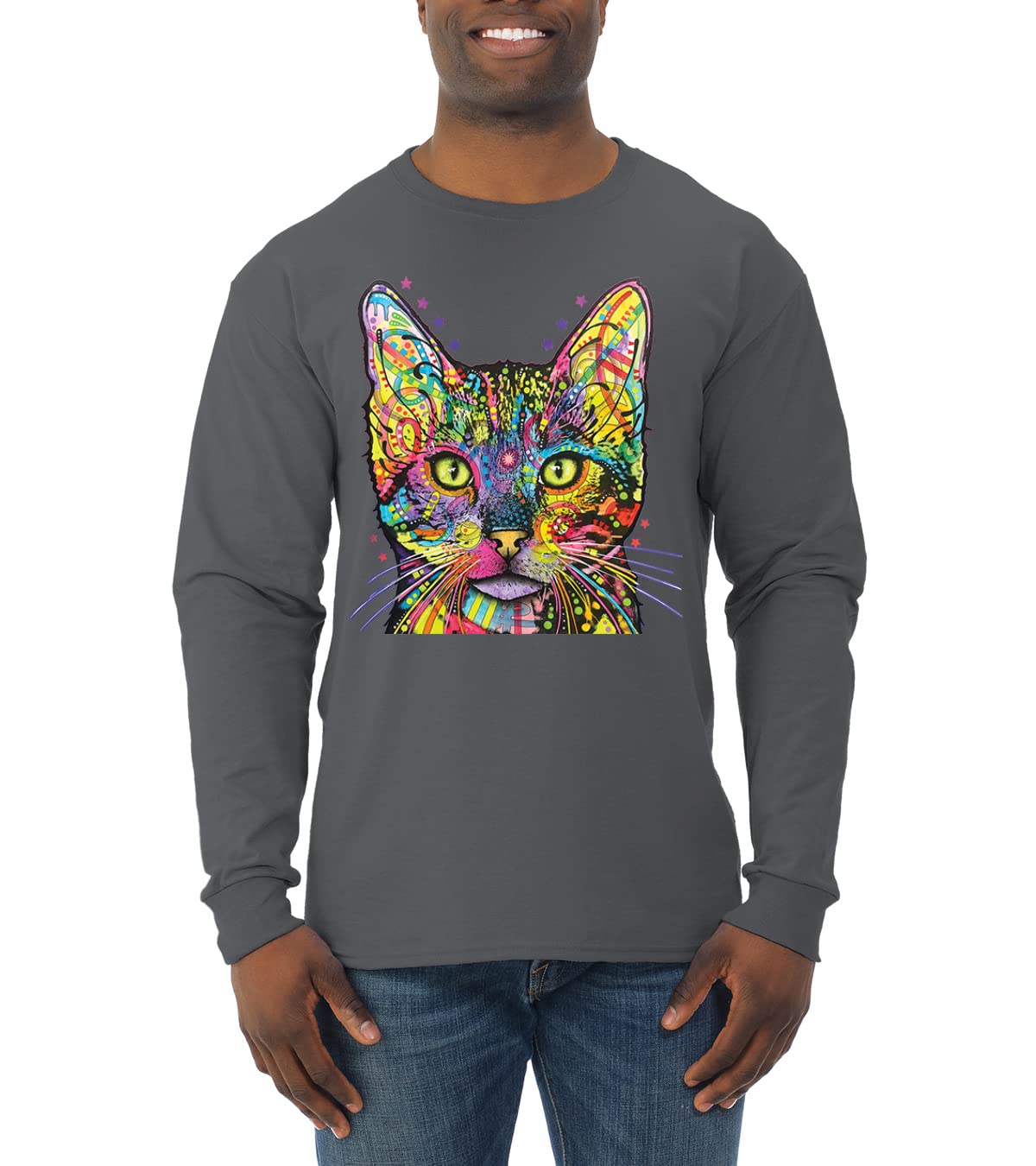 Dean Russo Art Cat Lover T-Shirt - Colorful Cat Mom & Dad Graphic Long Sleeve Shirt for Men | Perfect Gift for Pet Owners & Animal Lovers | Casual Wear, Gifts, Cat Themed Parties